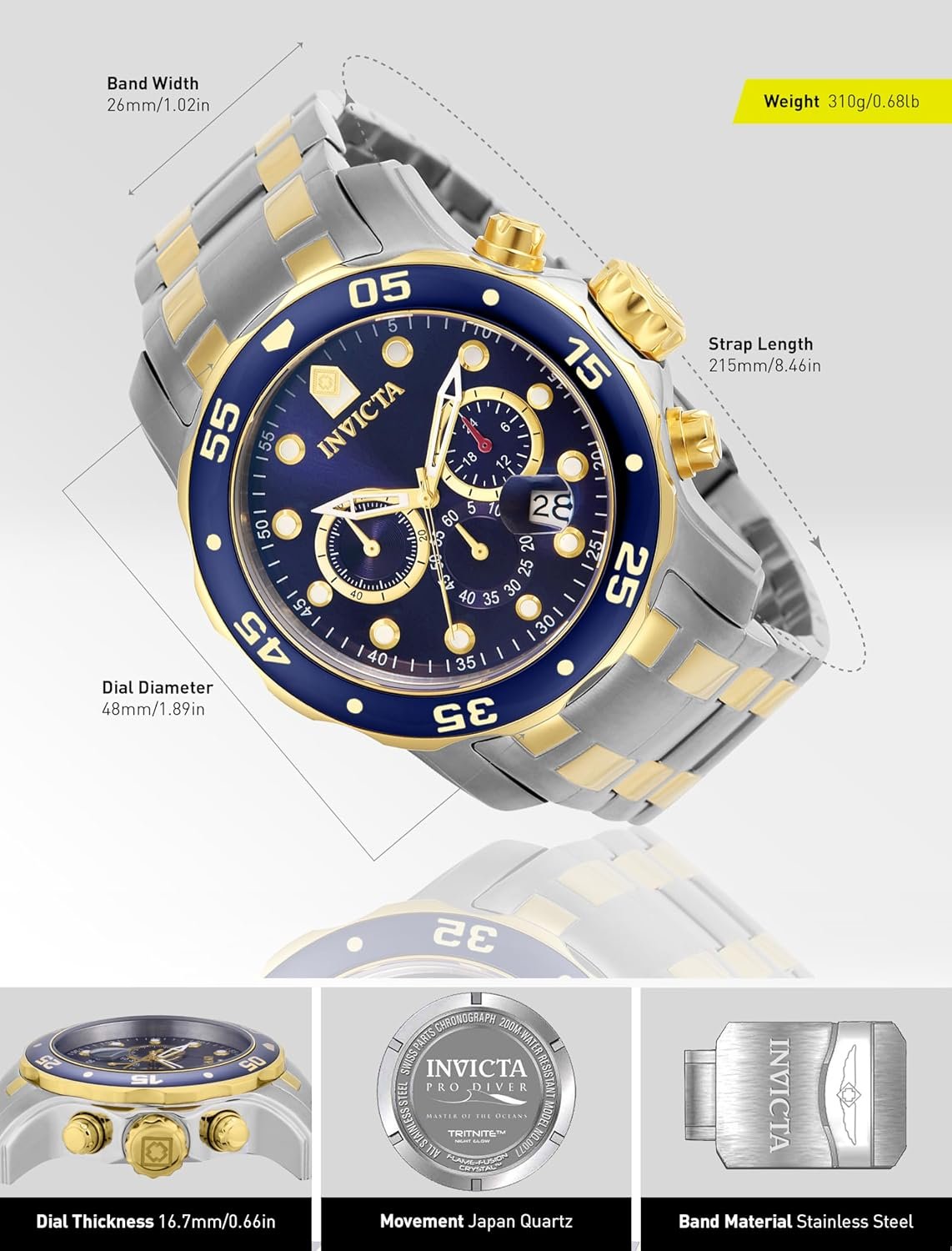 Invicta Men's Pro Diver Scuba 48mm Two Tone Stainless Steel Chronograph Quartz Watch, TT/Blue (Model: 0077) - Image 4