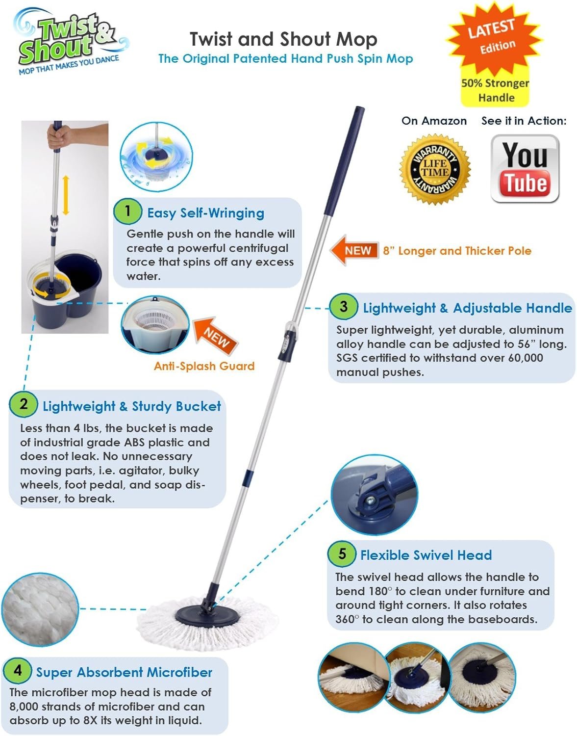 Twist and Shout Mop - Award Winning Original Hand Push Spin Mop with 2 Microfiber Mopheads - Image 3