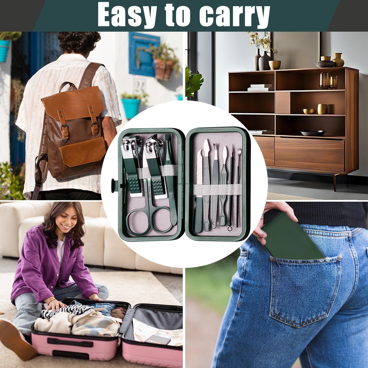 Manicure Set 10 in 1 Stainless Steel Nail Clippers Kit Gifts for Men and Women, Mens Travel Grooming Kits with Leather Travel Case Dark Green - Image 7