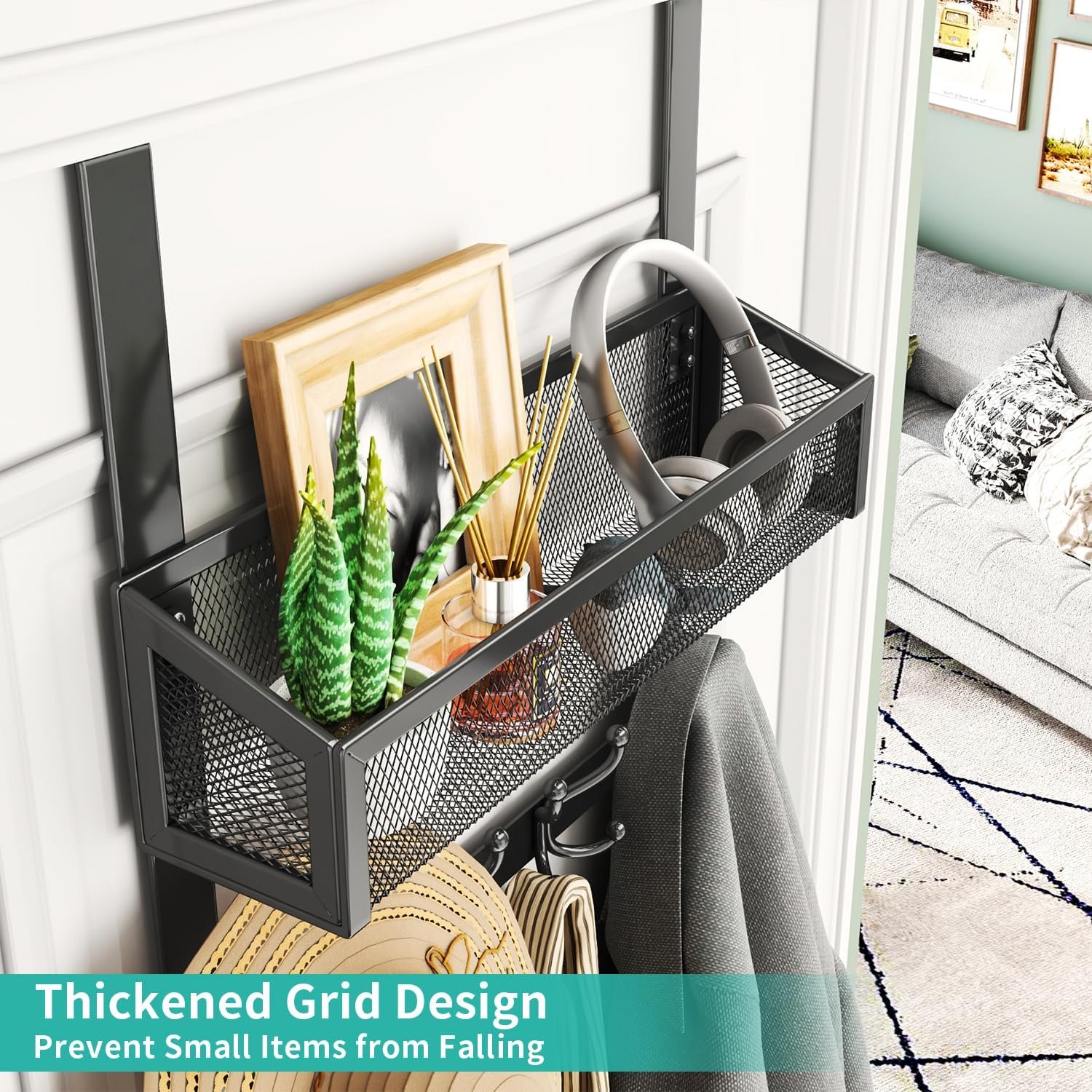 HapiRm Over The Door Hooks - Easy Installation Door Hanger with Basket and 16 Hooks, 304 Stainless Steel Storage Organizer for Towels, Coats, Bathroom, Kitchen, Dorm - Black - Image 3