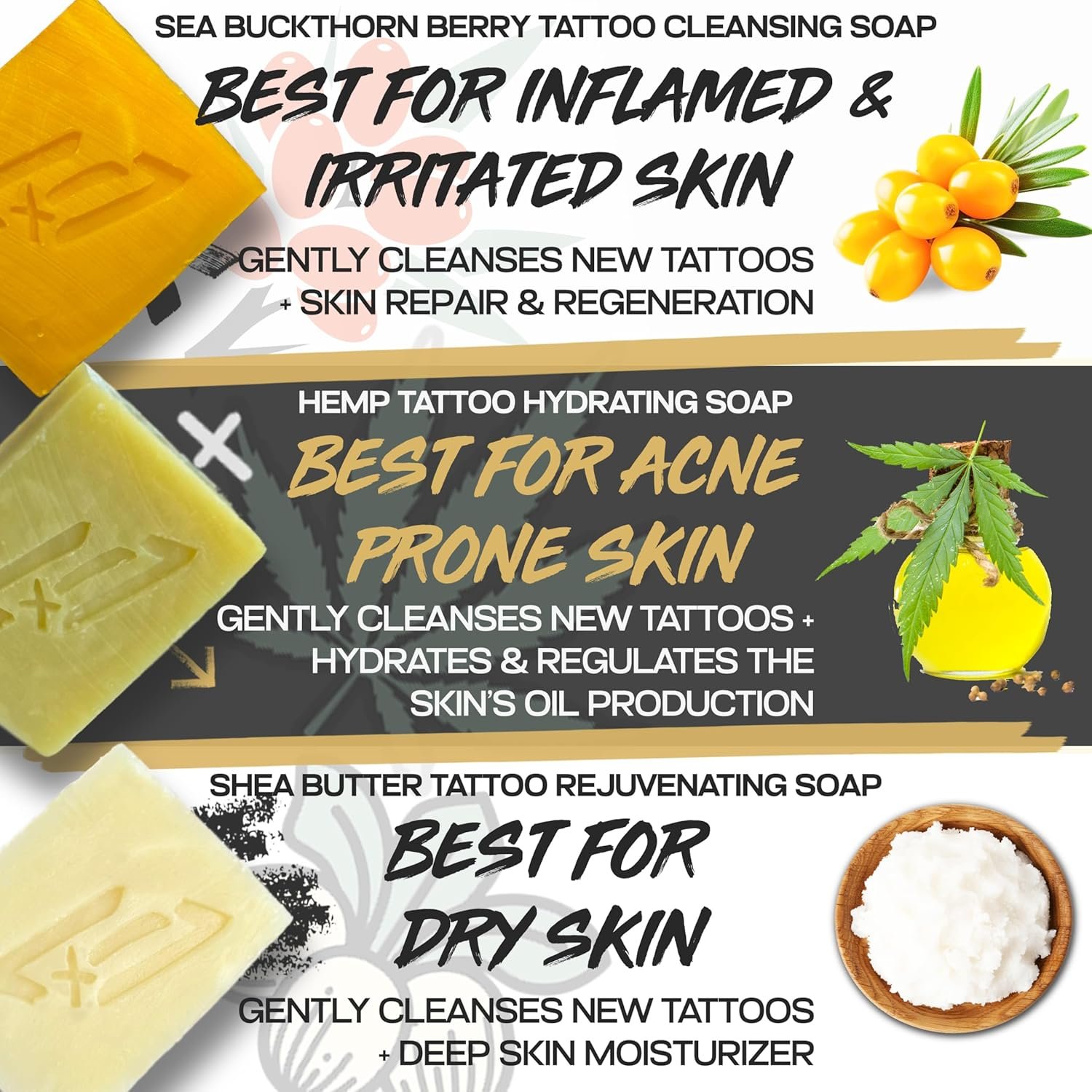 Tattoo Aftercare Soap Gentle Formula for Care, Cleansing and Healing of New Tattoos Unscented Natural Sea Buckthorn Hemp and Shea Butter Soap Bar For All Skin Types 4oz Bars 3 Pack - Image 3