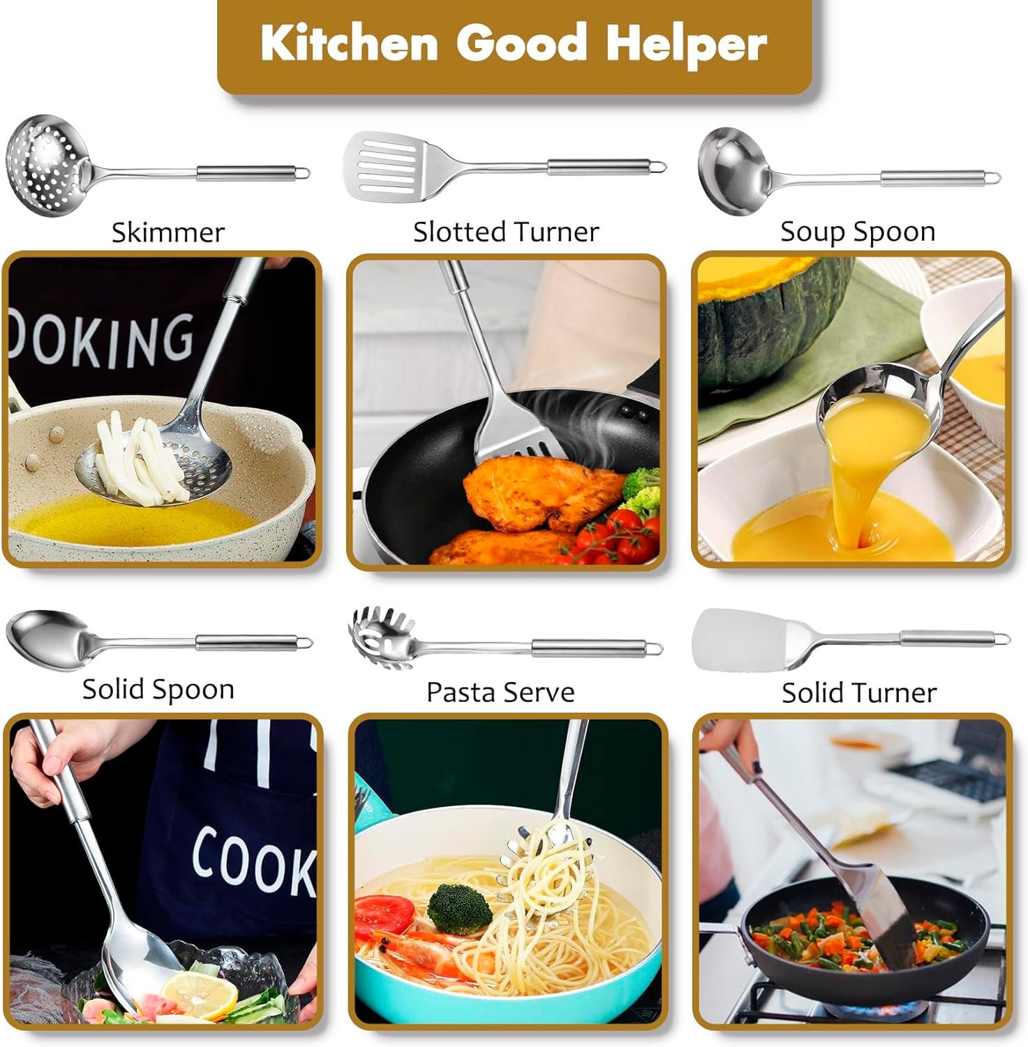 Stainless Steel Kitchen Utensils Set, 6 PCS Metal Cooking Utensils Set for Cooking, Heat Resistant Spatula Set Kitchen Tool Set with Turners, Serving Spoon, Ladle, Skimmer, Pasta Server - Image 4