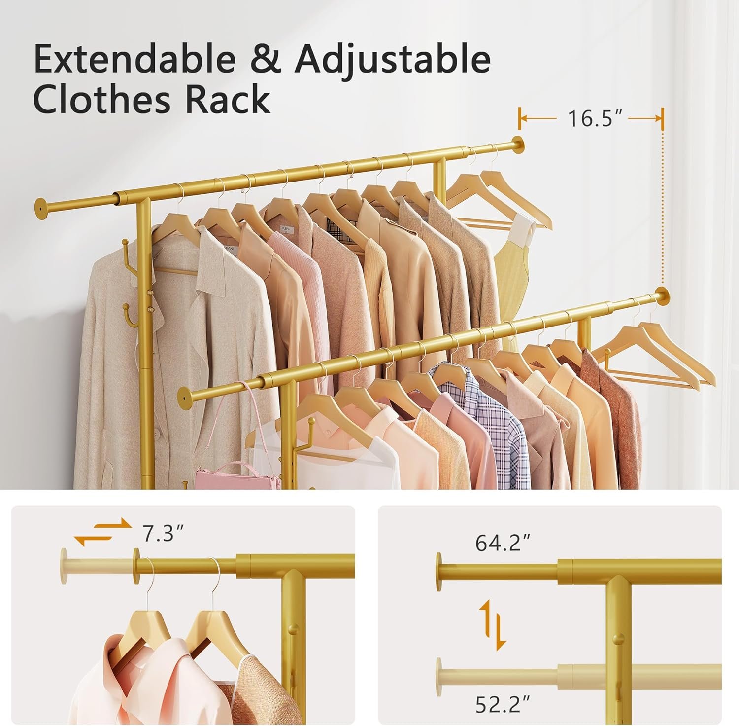 Double Rod Garment Rack, Heavy Duty Rolling Gold Clothes Rack with Wheels For Hanging Clothes,Portable Metal Clothing Rack with Shelves, 64.2inch Chrome - Image 5