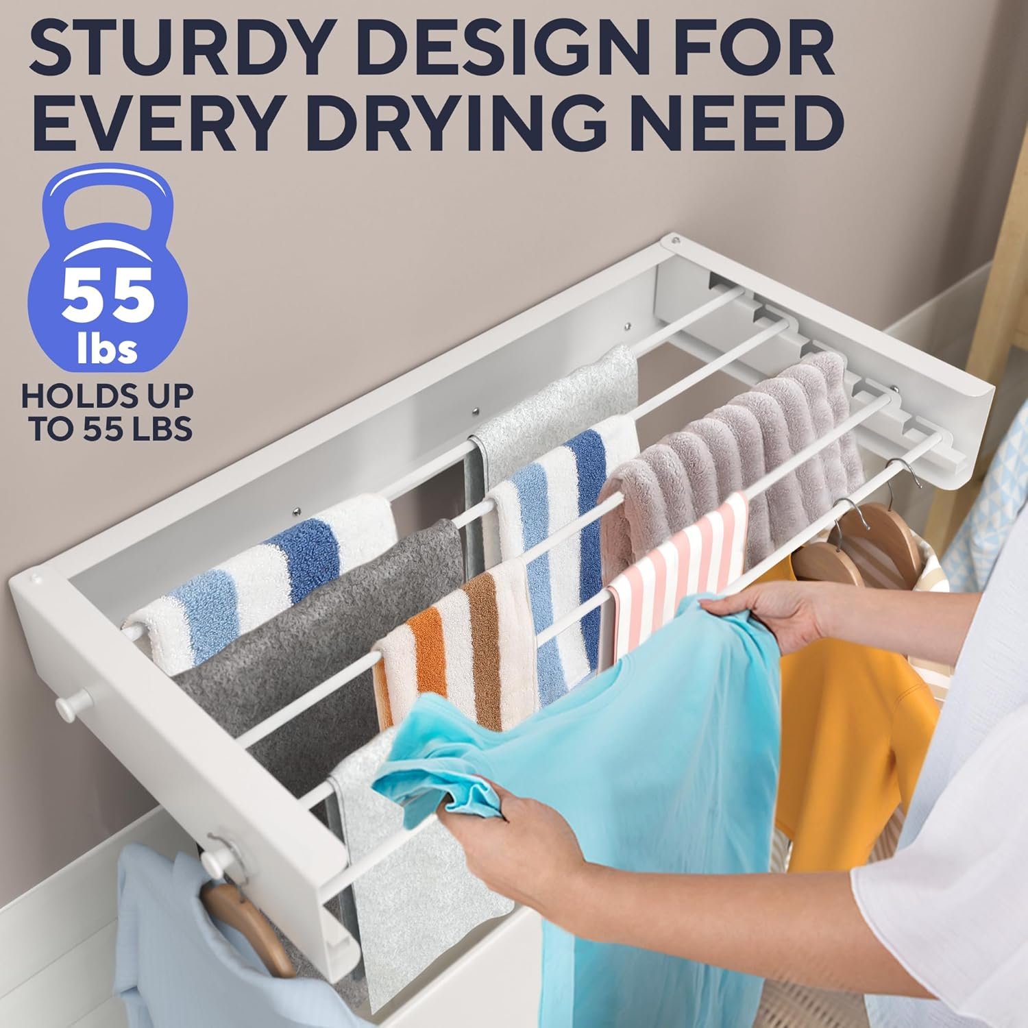 Foldable Wall Mounted Drying Rack 28 inch - Easy to Install Hanging Rack for Laundry Room - Space Saving Design with 55-lb Capacity - Perfect Drying Racks for Clothes Towels & More - Image 7