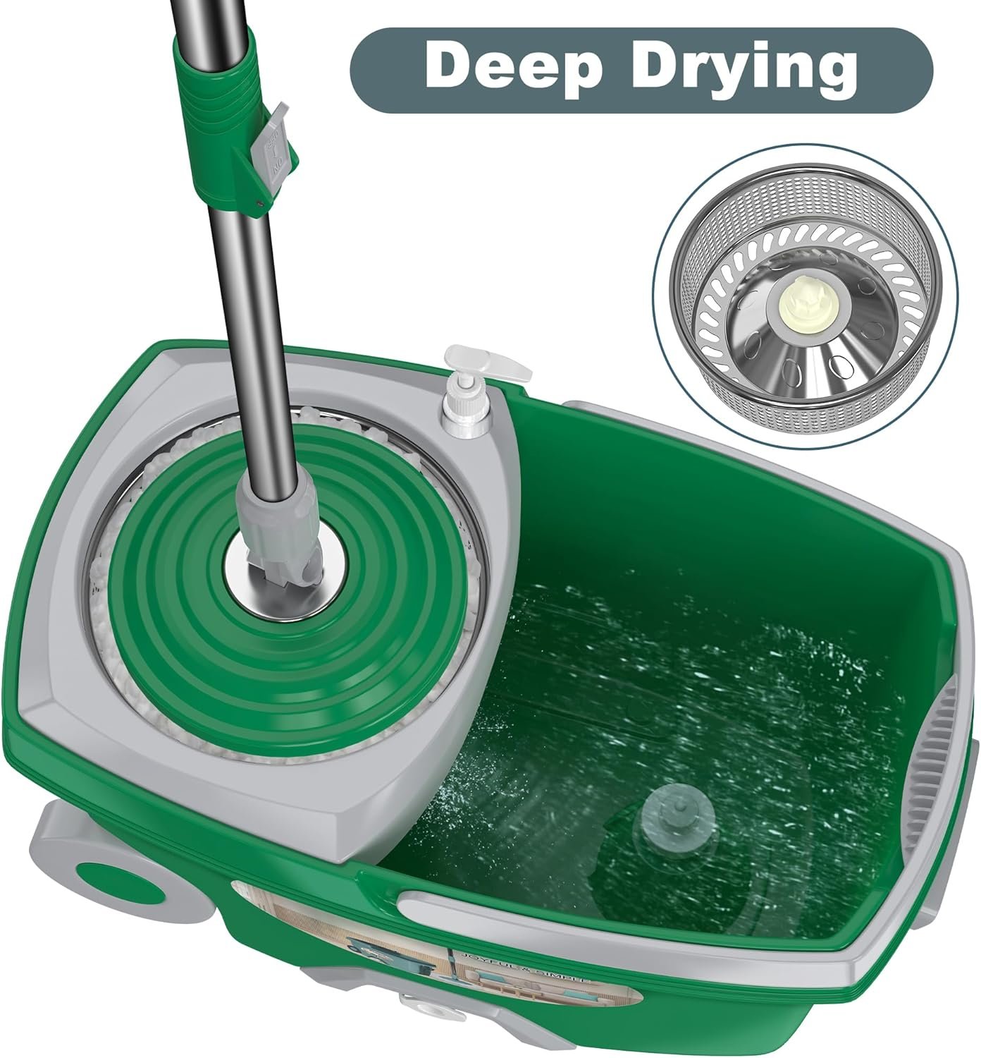 Dual Compartment Spin Mop and Bucket, Mop and Bucket with Wringer Set,360°Rotating Spinning Mopping for Floor Cleaning with 3 Microfiber Replacement Heads, 61" Extended Handle, 2X Wheel - Deep Green - Image 4