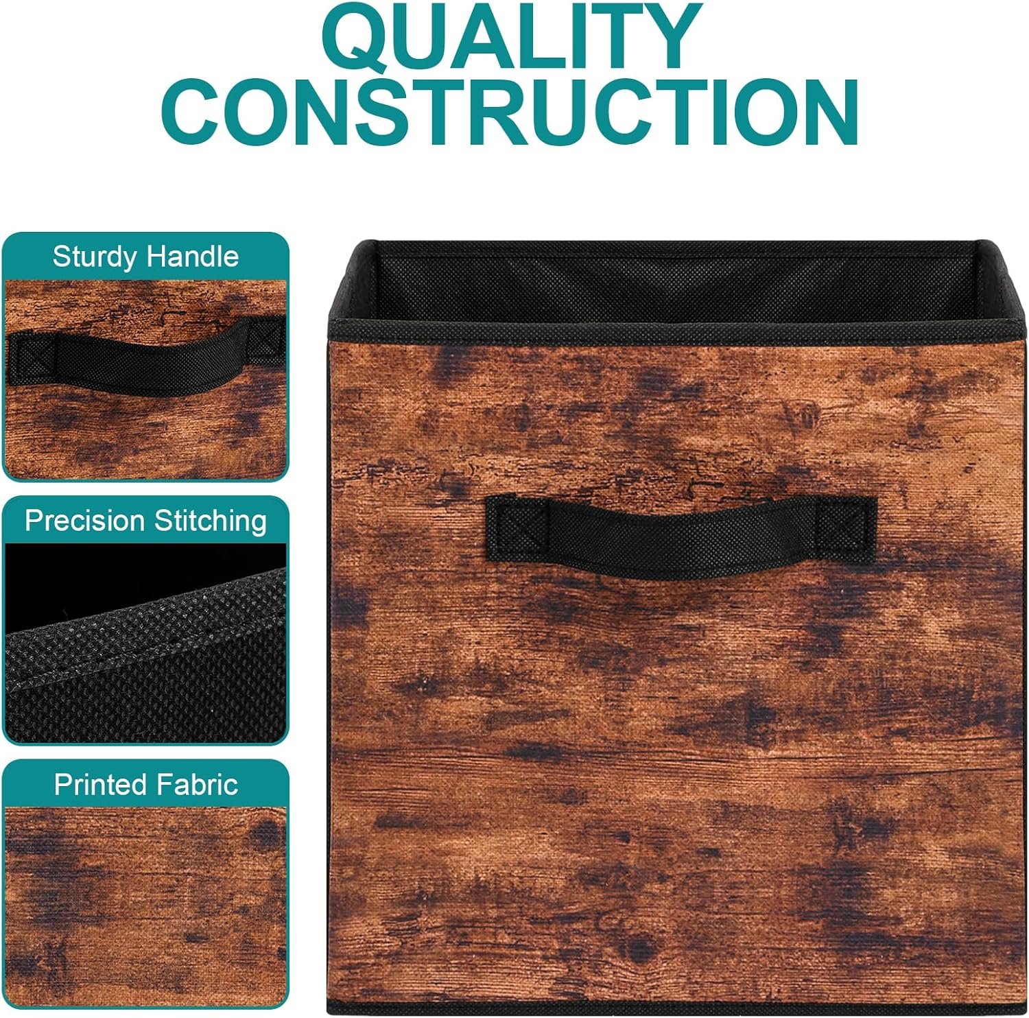 Stero Fabric Storage Cubes, 6 Pack Foldable Storage Bins with Handle, 11 Inch Box for Shelves, Closet, Organizer, Rustic Brown and Black - Image 5
