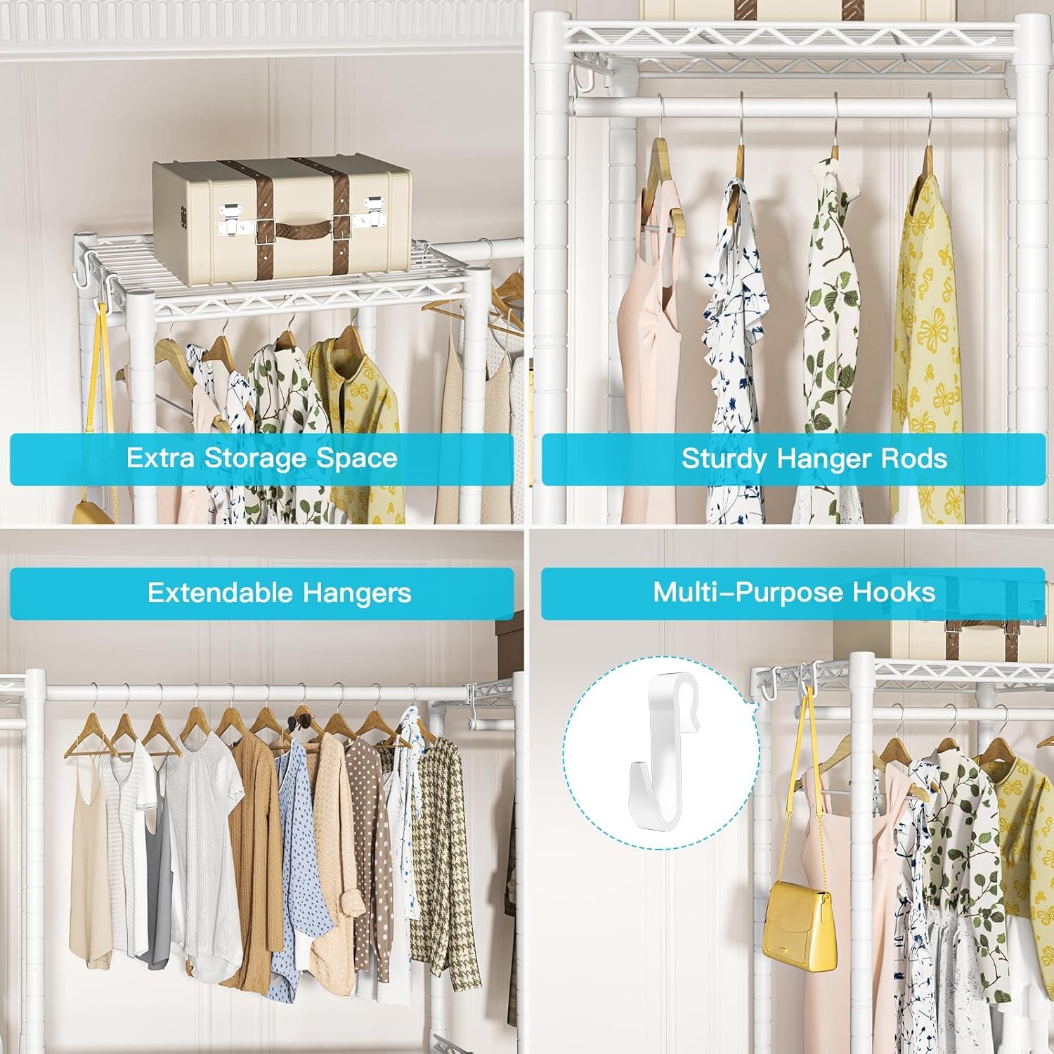 Ulif E7 Heavy Duty Garment Rack, Clothes Organizer and Storage Rack with Expandable Hangers, Metal Clothing Rack with 6 Wire Shelves, (52.3"-72") W x 14.5" D x 71.2" H, Load 838 LBS, White - Image 7