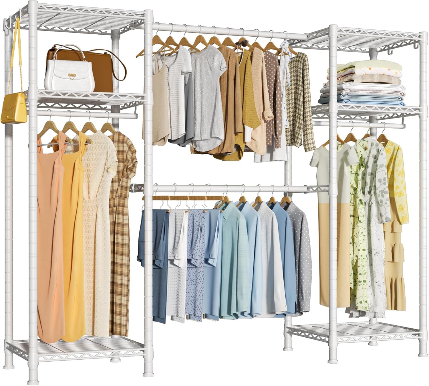 Ulif E7 Heavy Duty Garment Rack, Clothes Organizer and Storage Rack with Expandable Hangers, Metal Clothing Rack with 6 Wire Shelves, (52.3"-72") W x 14.5" D x 71.2" H, Load 838 LBS, White - Image 2