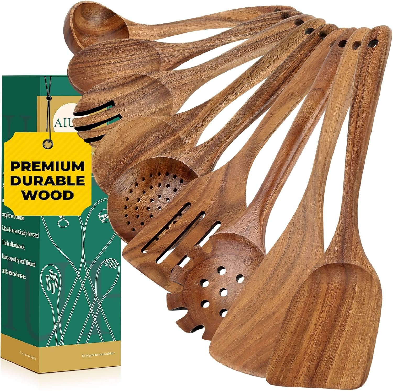 AIUHI Natural Teak Wood Kitchen Utensil Set, 9Pcs Wooden Spoons for Cooking, Cooking Utensils Set for Nonstick Cookware, Durable & Heat Resistant - Image 2