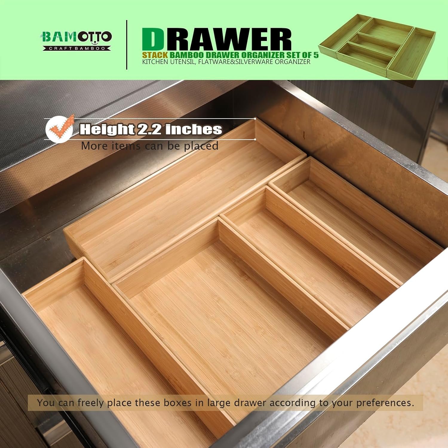 Stack Bamboo Drawer Organizer Set of 5, Kitchen Utensil, Flatware&Silverware Organizer-Wood Laminated Stackable for Kitchen, Bedroom, 13.4''x4.5''*2+10.2''x3.3''*2+10.2''x6.7''*1 - Image 5
