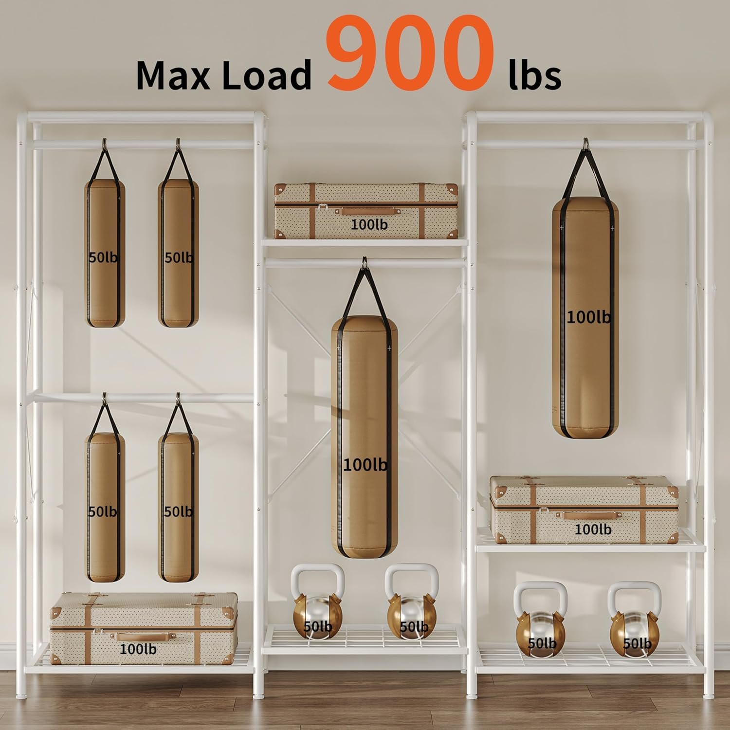 JOISCOPE Wardrobe Closet Organizer, Heavy Duty Clothes Rack, Closet System with 4 Rods & 5 Shelves, Adjustable Clothing Racks for Hanging Clothes & Clothing Storage, 75.2''×67.7'', White - Image 5