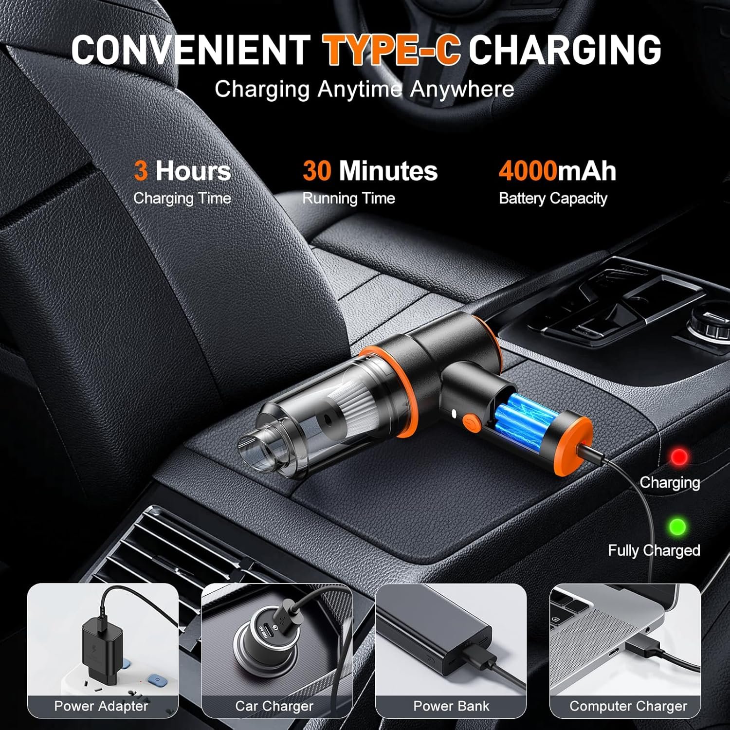 KMM Handheld Car Vacuum Cleaner, 11000PA Vacuum Cleaner & Air Duster, 120W High Power Vacuum Portable Cordless, Hand Held Vacuum Rechargeable with Multi-Nozzles & LED Light for Home, Car, Office - Image 6