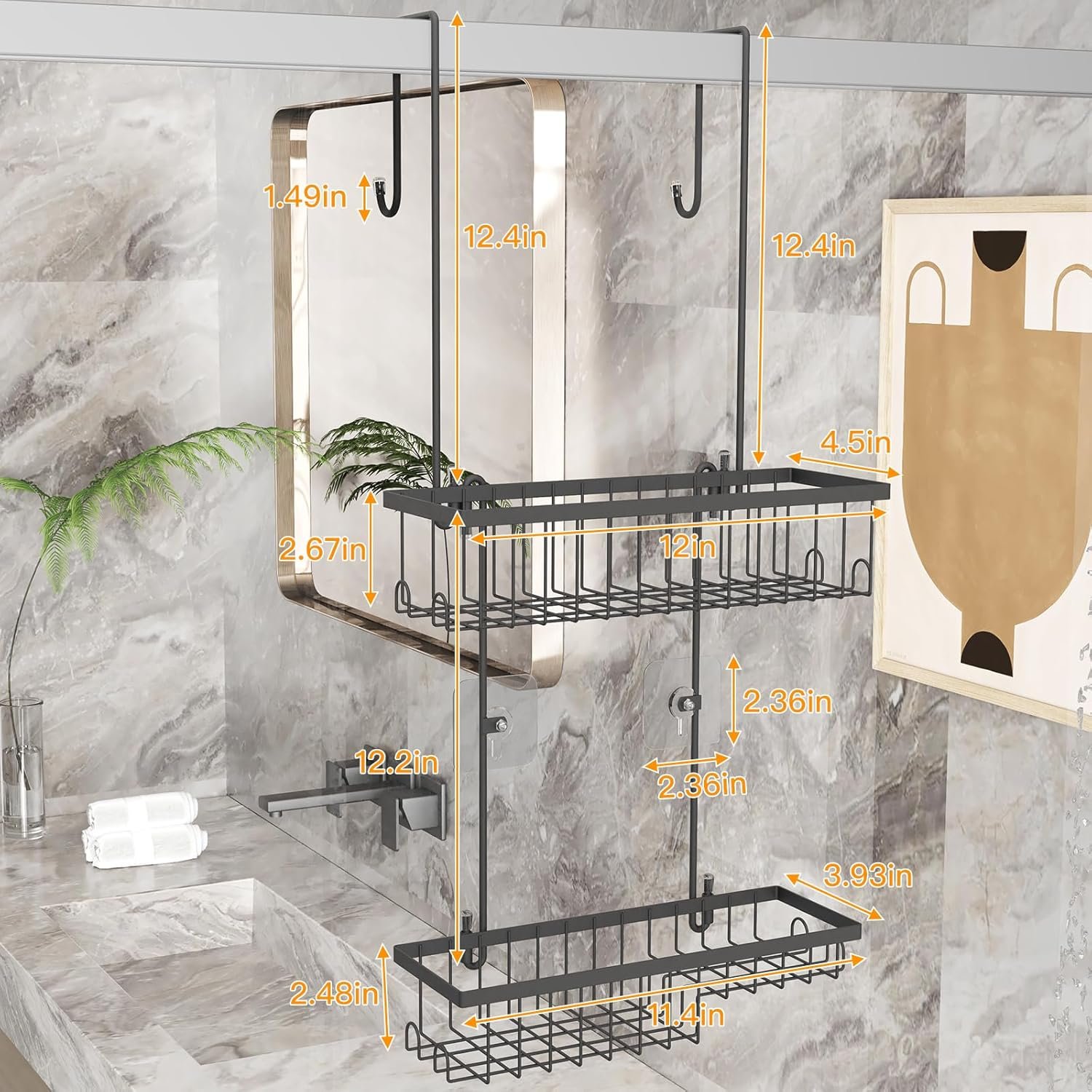 Fixwal Hanging Shower Caddy Over the Door with Soap Holder, No Drilling Adhesive Bathroom Storage Organizer Rack with 10 Hooks Hanging Shelf Basket Rustproof Waterproof Anti-Swing, 2 Tiers - Image 8