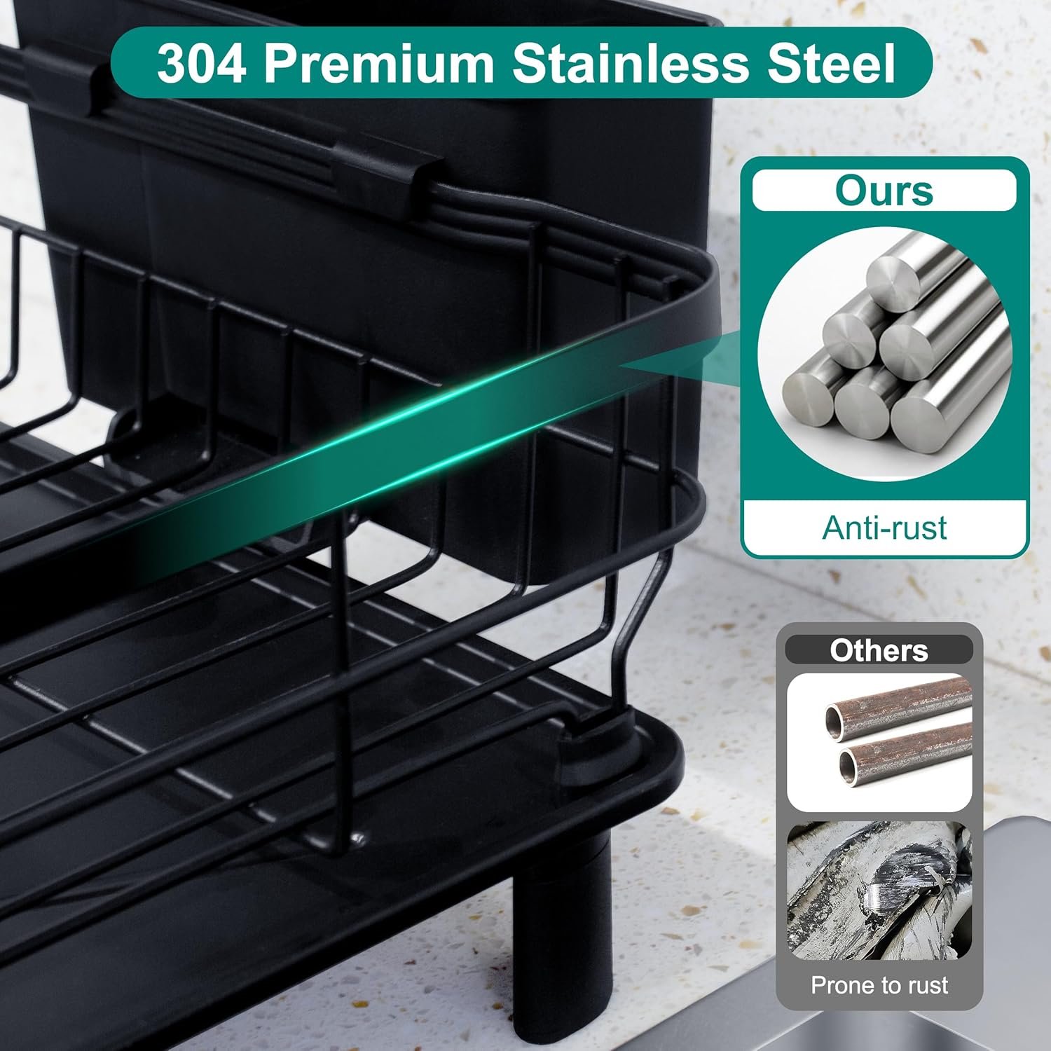 Dish Drying Rack for Kitchen Counter,Space-Saving Dish Rack with Drainboard,Rustproof Countertop Dish Drainer with Utensil Holder for Sink,Black - Image 5