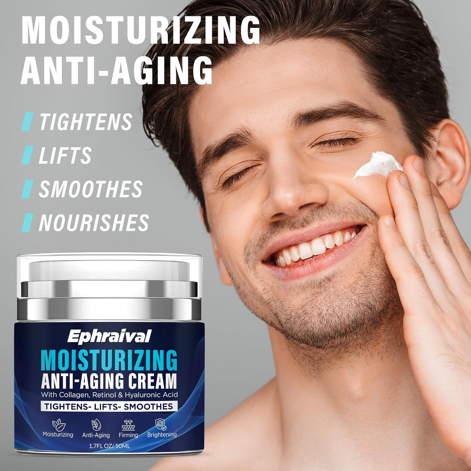 Retinol Anti-Aging Cream for Men: Moisturizing Face Cream with Hyaluronic Acid Vitamin E Peptides - Reduces Wrinkles Firms Skin Lightweight Formula 1.7 fl oz - Image 3