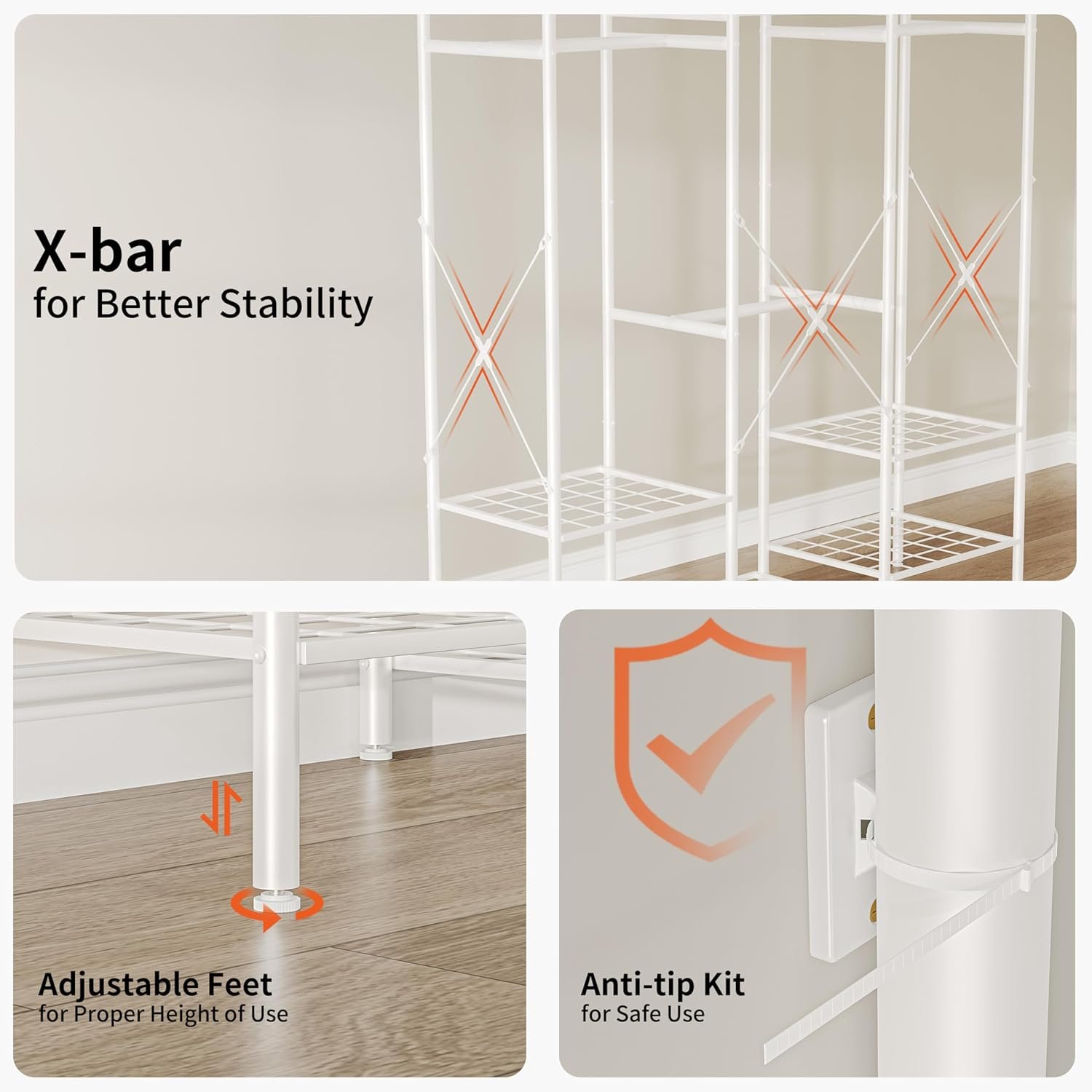 JOISCOPE Wardrobe Closet Organizer, Heavy Duty Clothes Rack, Closet System with 4 Rods & 5 Shelves, Adjustable Clothing Racks for Hanging Clothes & Clothing Storage, 75.2''×67.7'', White - Image 7