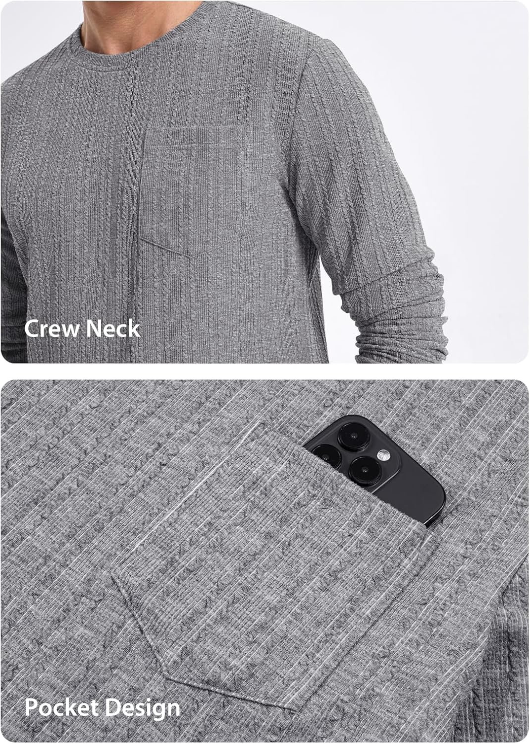 JMIERR Men's Long Sleeve Shirts Casual Crewneck Pullover T-Shirt Stretch Textured Knit Tee with Pocket - Image 5