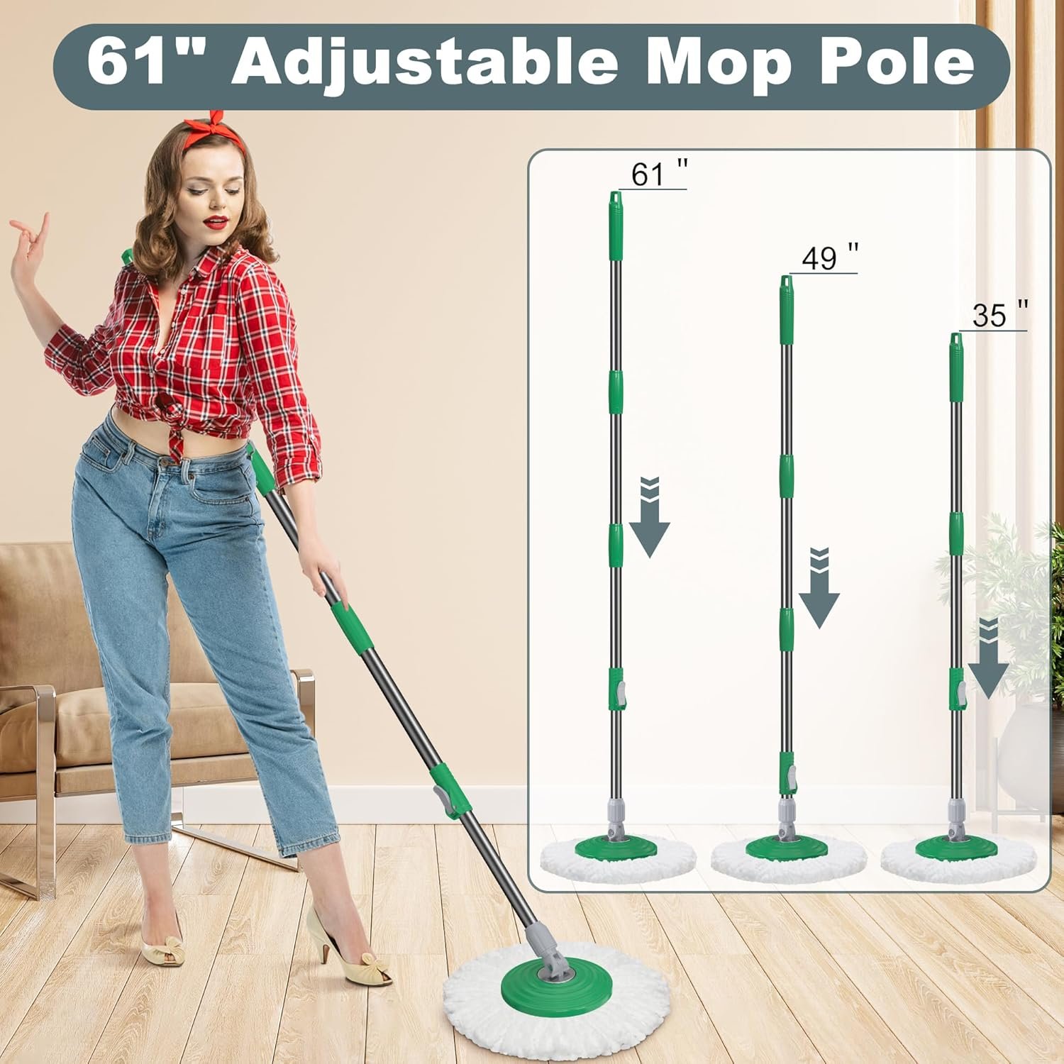 Dual Compartment Spin Mop and Bucket, Mop and Bucket with Wringer Set,360°Rotating Spinning Mopping for Floor Cleaning with 3 Microfiber Replacement Heads, 61" Extended Handle, 2X Wheel - Deep Green - Image 9