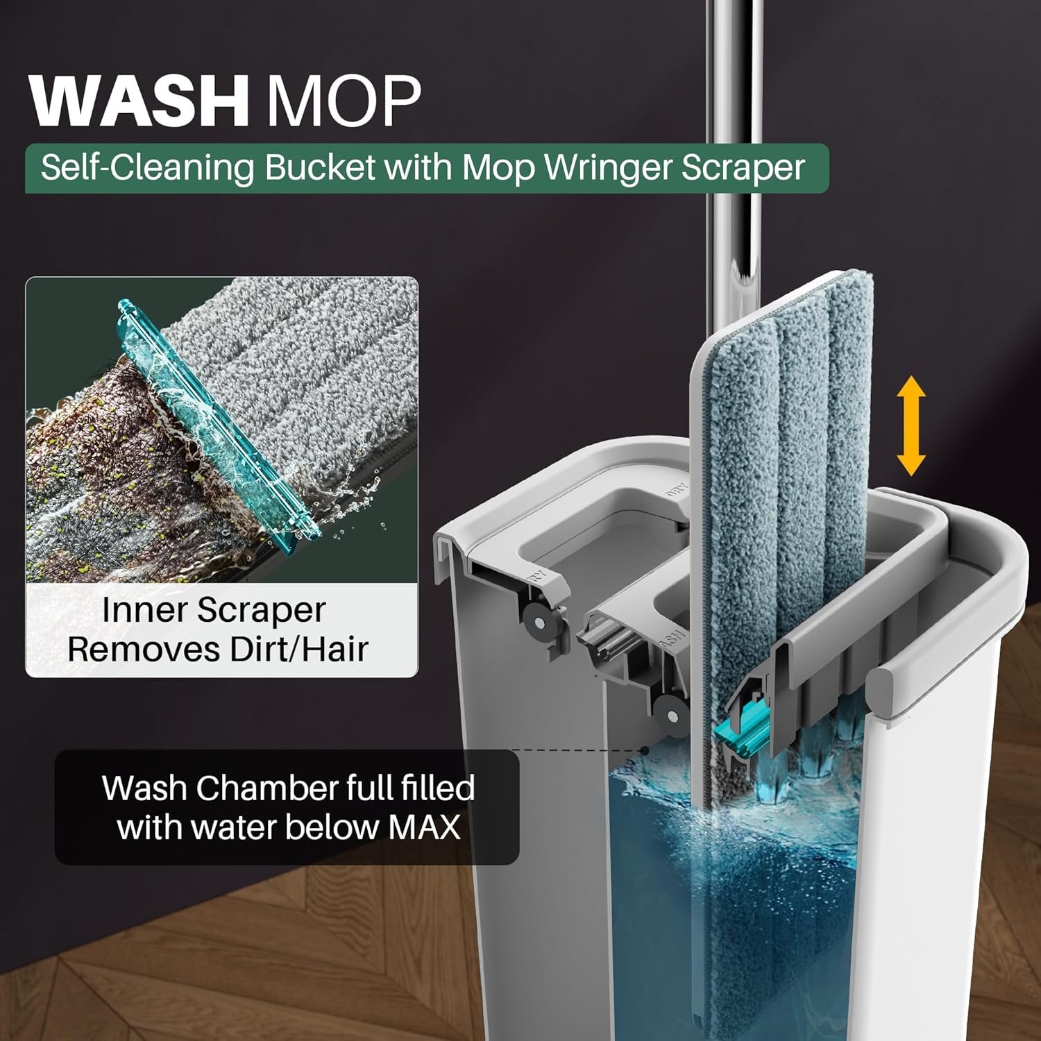 JOYMOOP Mop and Bucket with Wringer Set, Hands Free Flat Floor Mop and Bucket, 60" Mop with 3 Reusable Microfiber Pads, Wet and Dry Use, Floor Cleaning System - Image 3