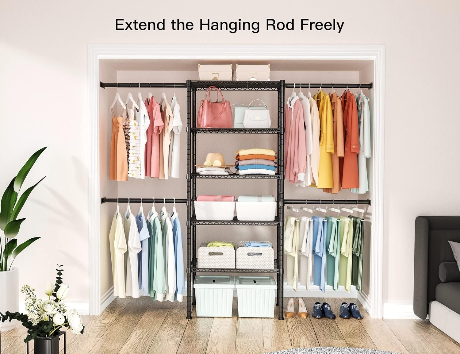 Ulif M2 Closet Organizer System, 5.9 Feet Height Mounted to the Wall Garment Rack with 4 Expandable Hanger Rods, 5 Shelves in 23.6" L x 14.5" W, Suit Total Space from 5.8-8.8 ft, Black - Image 3
