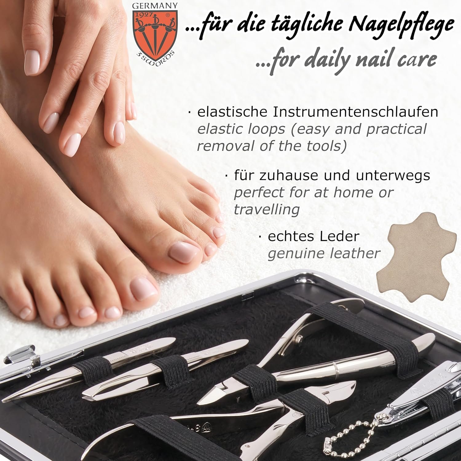 3 Swords Germany - brand quality 11 piece manicure pedicure grooming kit set for professional finger & toe nail care scissors clipper black genuine leather case in gift box, Made in Germany - Image 6