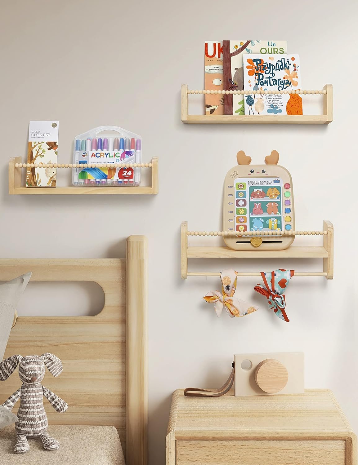 Nursery Floating Shelves for Wall, Set of 3 Book Shelves Natural Wood Wall Mounted Organizer with Towel Bar Hanging Bookshelves Nursery Decor for Kids Room, Bedroom and Kitchen - Image 7