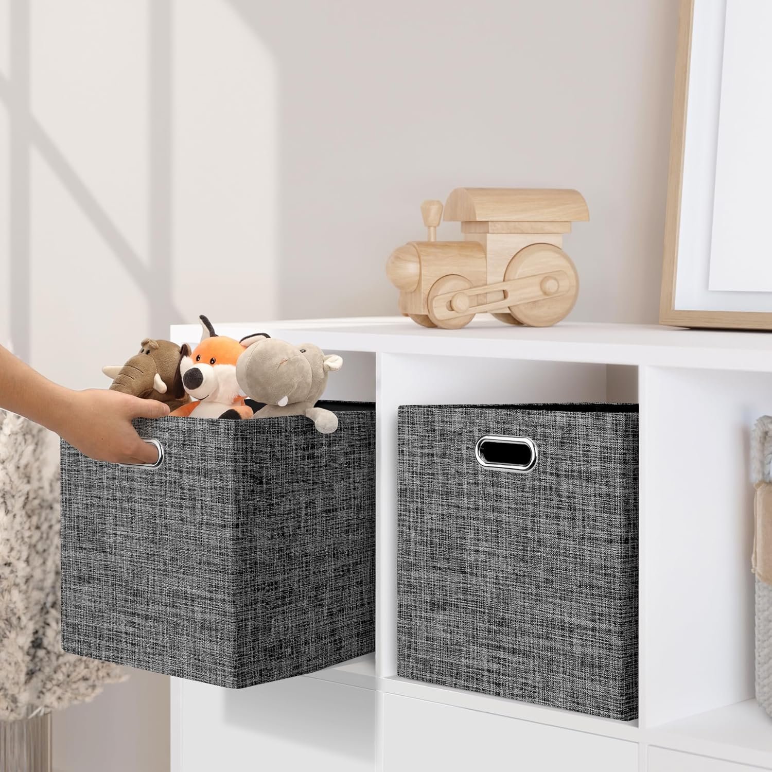 Posprica 13x15x13in Collapsible Storage Bins, Fabric Foldable Cube Storage Boxes, Decorative Storage Baskets Organizer for IKEA Kallax, Shelves, Closet, Clothes, Toy, Set of 4-Black - Image 5