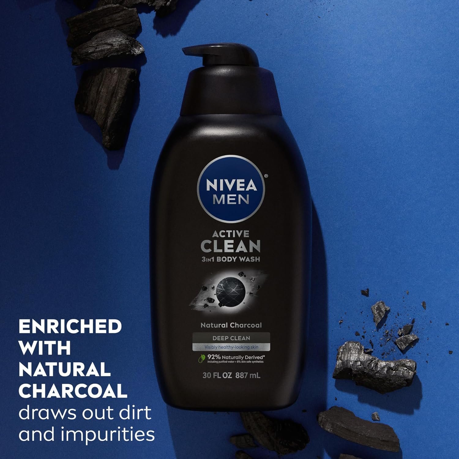NIVEA Men Active Clean Body Wash with Natural Charcoal for Normal to Oily Skin, 3-in-1 Charcoal Body Wash, Face and Hair, Draws Out Dirt and Impurities, 30 Fl Oz Bottle - Image 4