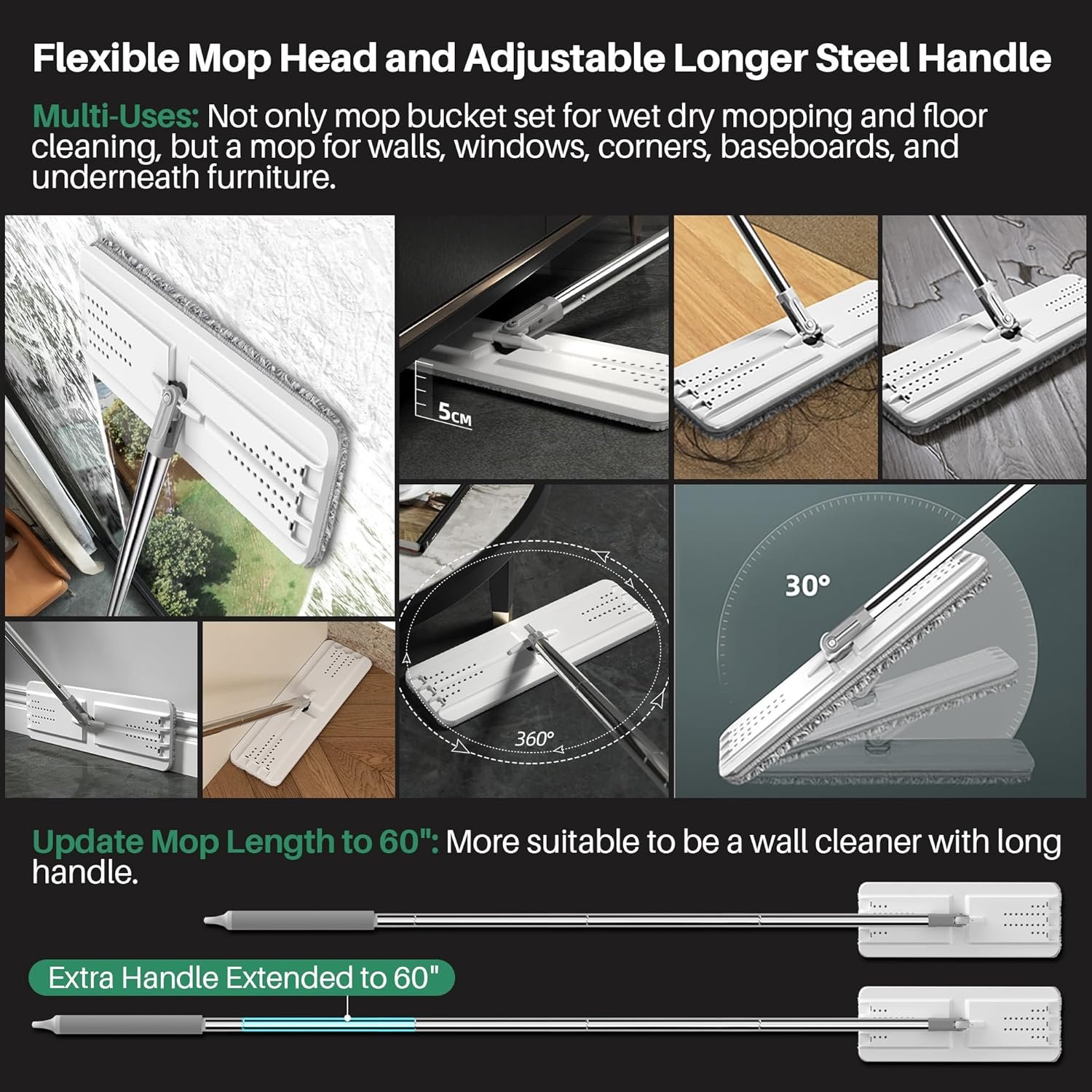 JOYMOOP Mop and Bucket with Wringer Set, Hands Free Flat Floor Mop and Bucket, 60" Mop with 3 Reusable Microfiber Pads, Wet and Dry Use, Floor Cleaning System - Image 5