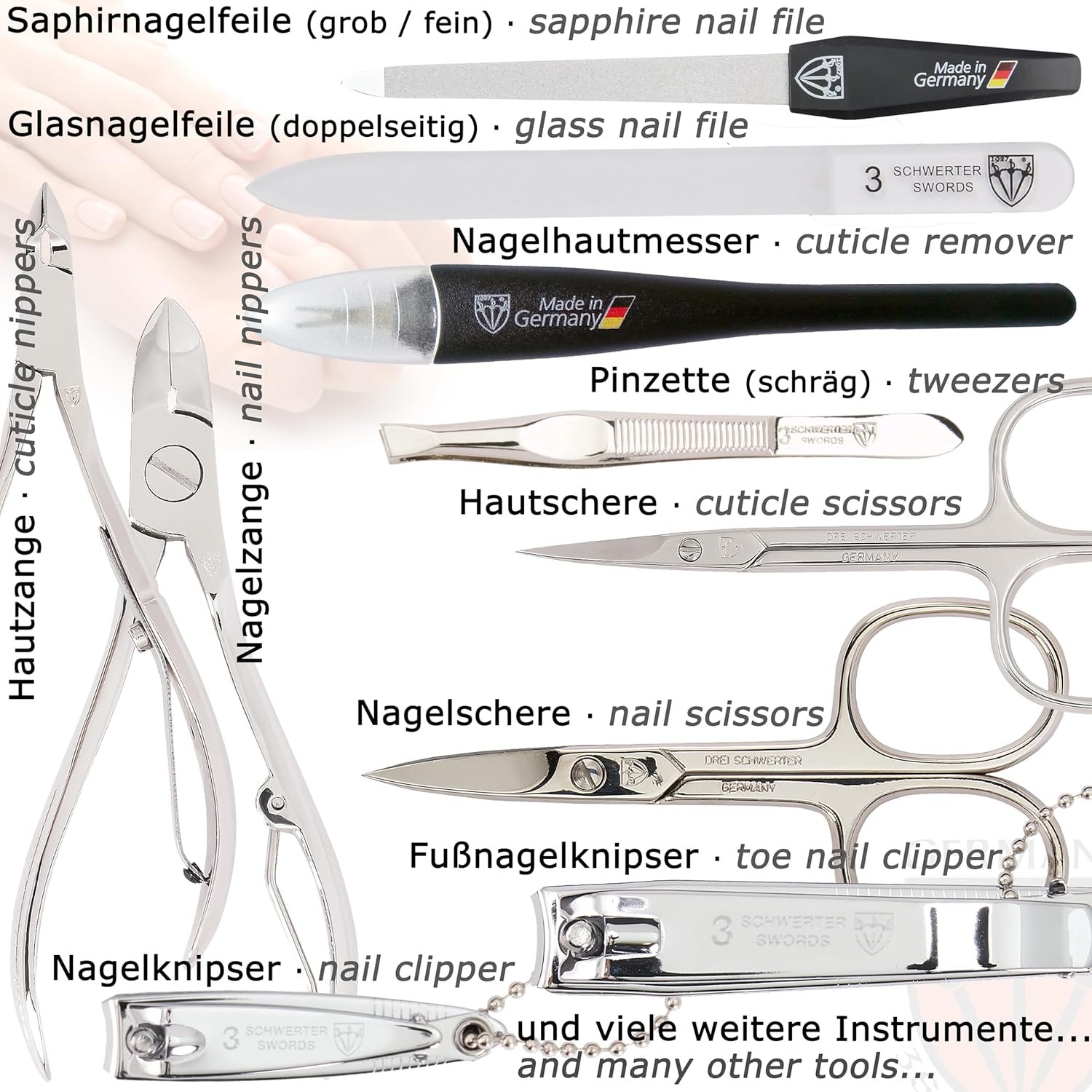 3 Swords Germany - brand quality 16 piece manicure pedicure grooming kit set for professional finger & toe nail care scissors clipper synthetic leather case in gift box, Made in Germany - Image 3