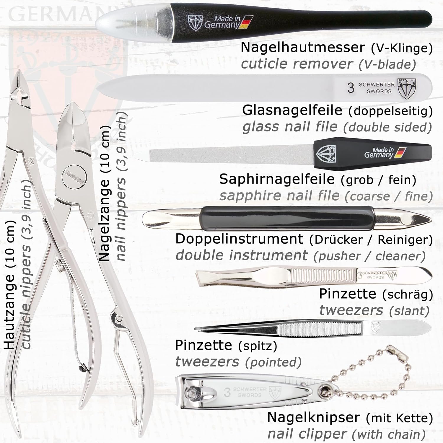 3 Swords Germany - brand quality 11 piece manicure pedicure grooming kit set for professional finger & toe nail care scissors clipper black genuine leather case in gift box, Made in Germany - Image 4