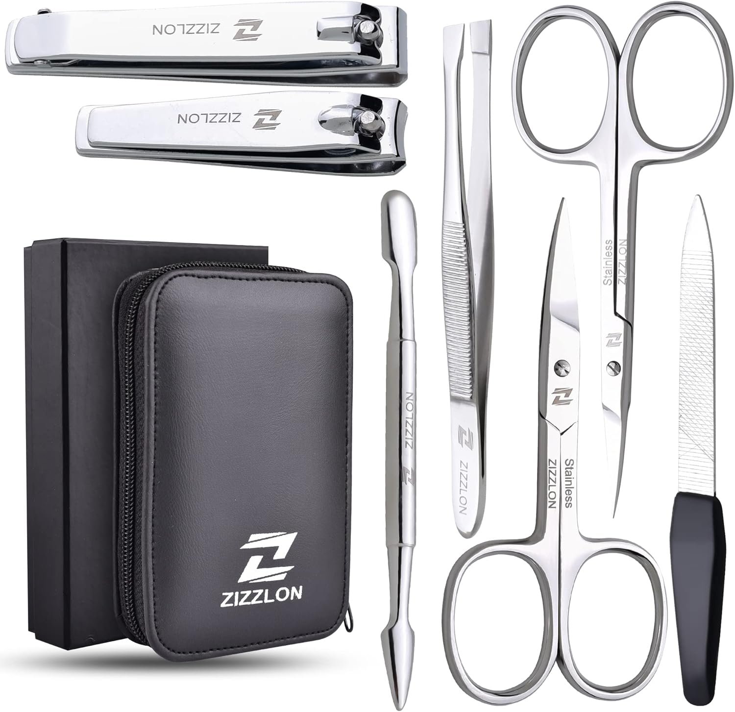 Manicure Set - Cuticle Scissors, Nail and Eyebrow Scissors, Nail Clippers, Cuticle Pusher, Nail File, Eyebrow Tweezers - Professional Mens Grooming Kit (7 in 1) - Image 2