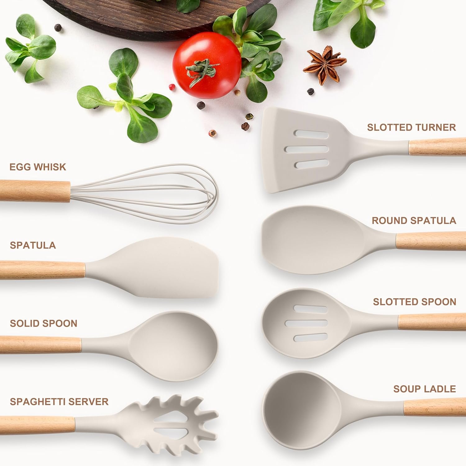 Herogo 8 Pcs Kitchen Cooking Utensils Set, Heat Resistant Non-Stick Silicone Cooking Kitchen Utensils Set with Wooden Handle, Food-Grade Silicone Spatula Spoon Turner Server Whisk Ladle (Khaki) - Image 3