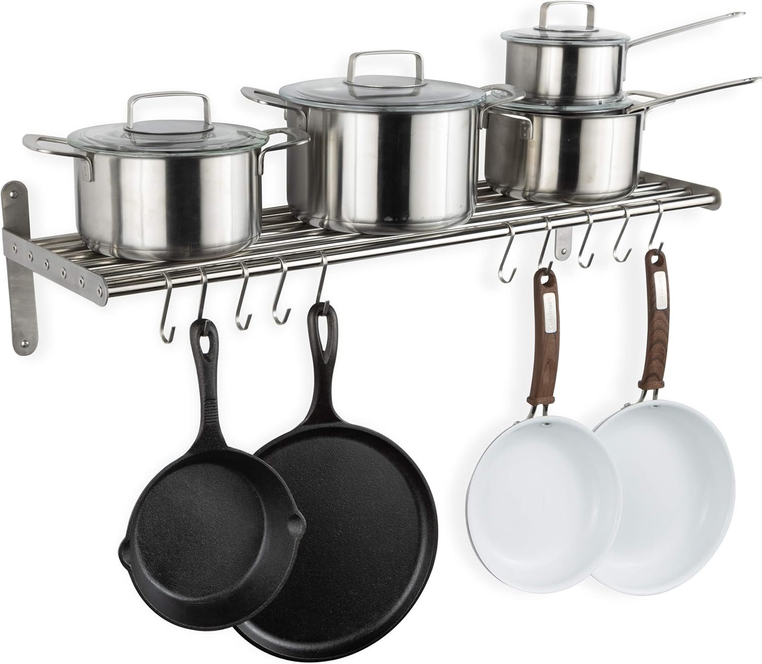 Wallniture Lyon Kitchen Organization and Storage Rack, Stainless Steel Metal Wall Shelf with 10 S Hooks for Hanging Pots and Pans, Chrome - Image 2