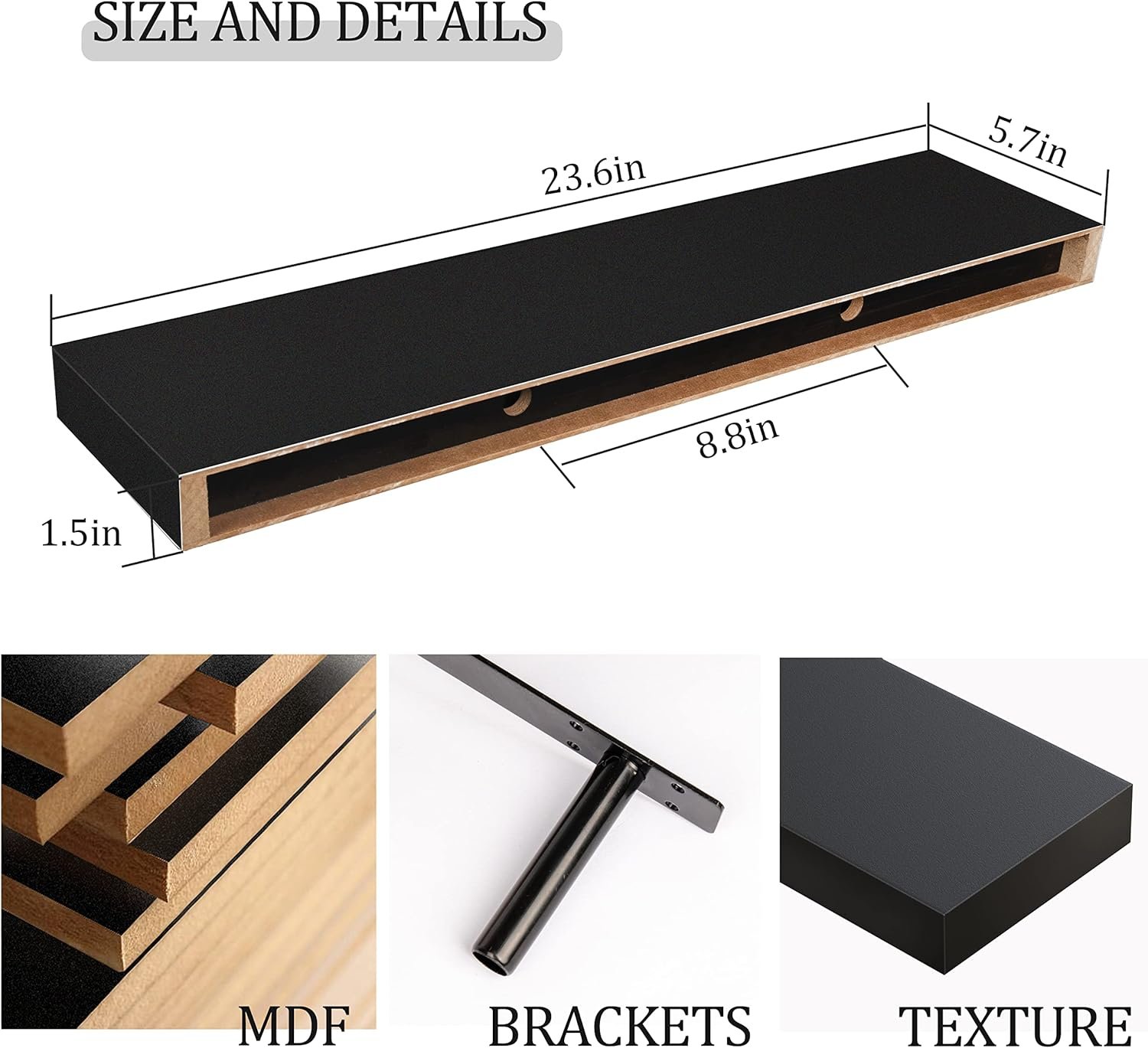 BAMEOS Floating Shelf,Wall Shelf,Decor Wall Mounted Shelves,Hanging Shelf Set L24xW6 for Bathroom Kitchen Living,Kitchen,Room Bedroom Storage,Black - Image 4