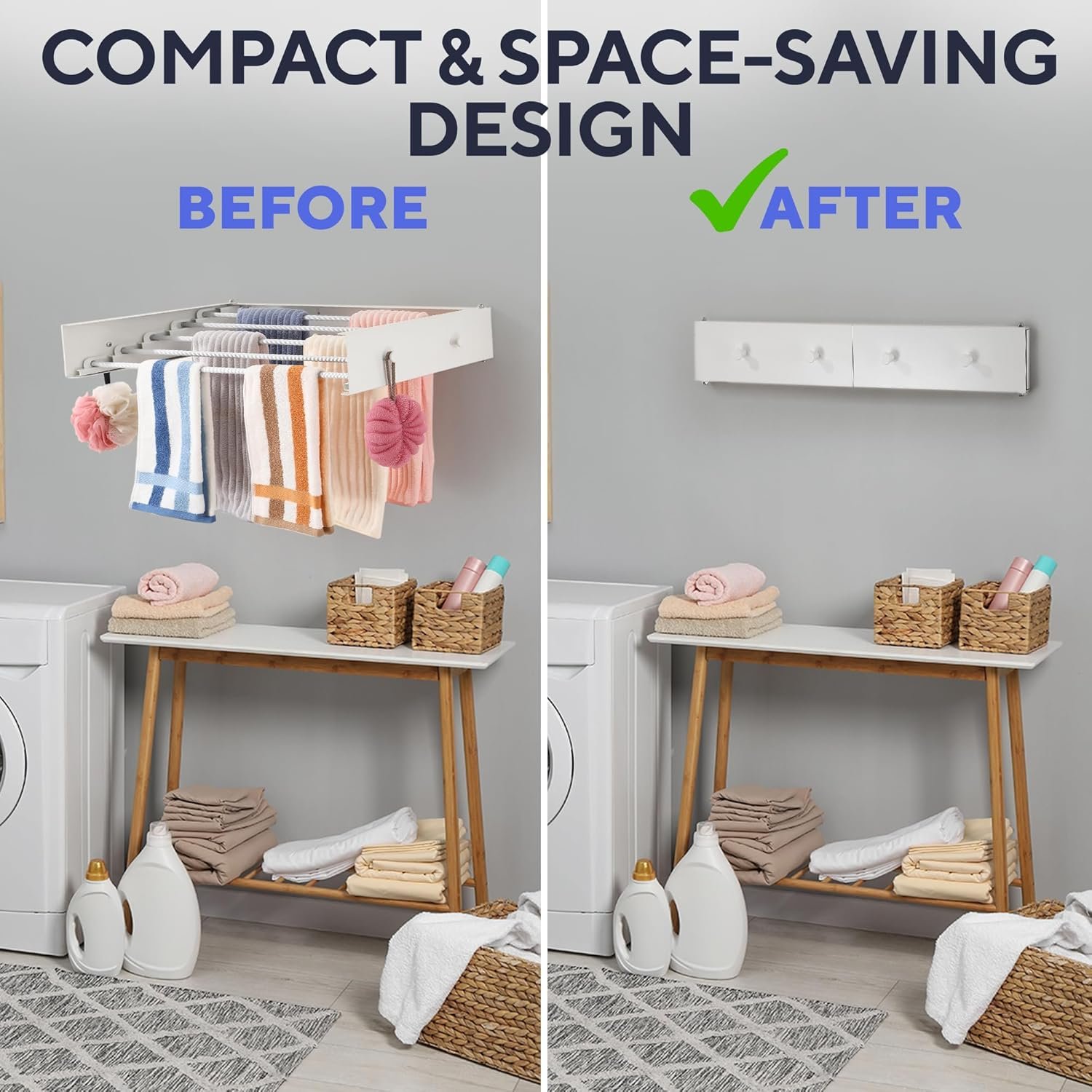 Foldable Wall Mounted Drying Rack 28 inch - Easy to Install Hanging Rack for Laundry Room - Space Saving Design with 55-lb Capacity - Perfect Drying Racks for Clothes Towels & More - Image 6