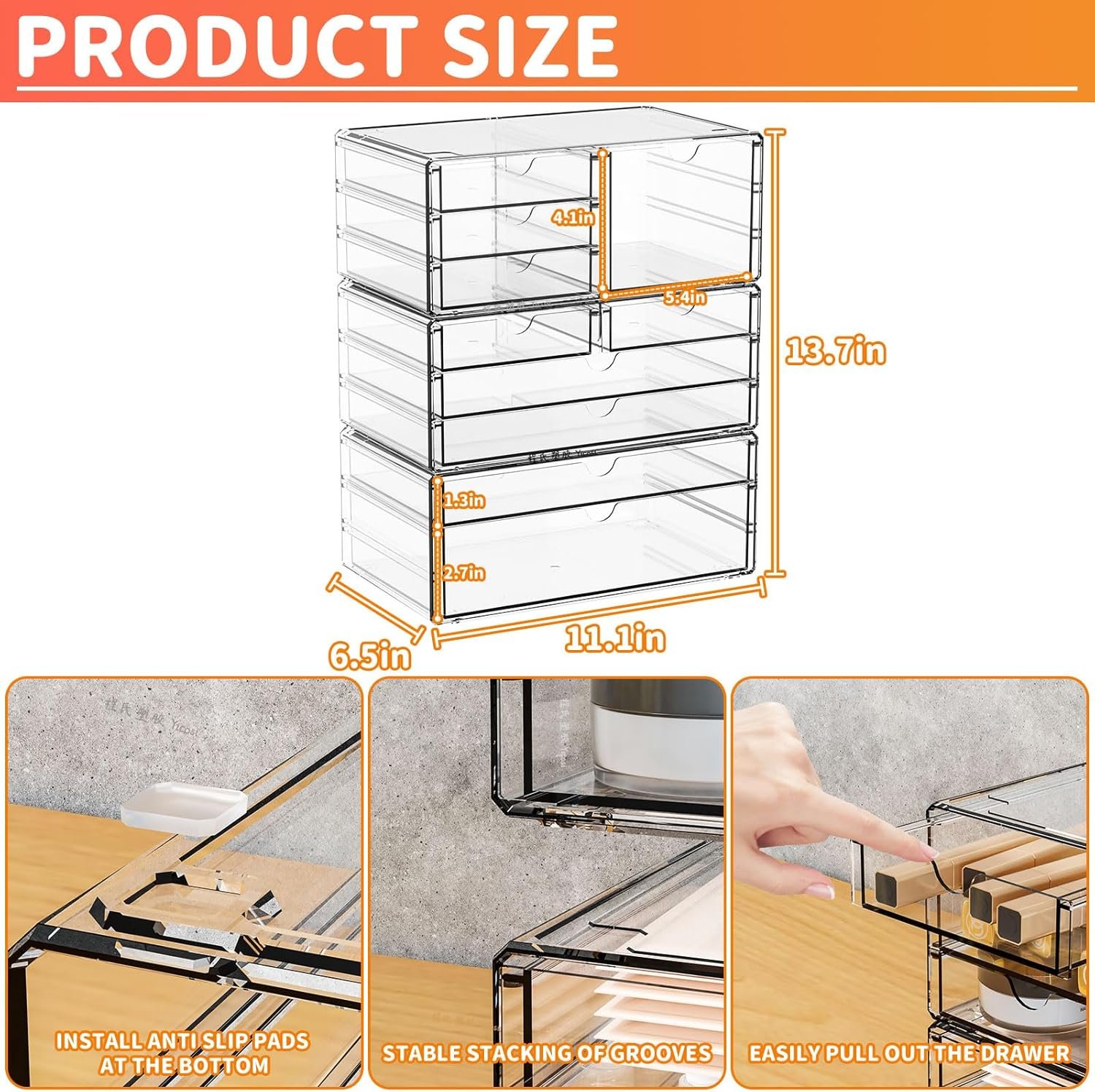 Yieach 3Pack Clear Drawer Organizers Stackable,Acrylic Storage Drawers With 10 Drawers,Multipurpose Office Supply Organizer and Makeup Organizer for Beauty,Craft,Pen,Medical,Stationary Desk Organizers - Image 4