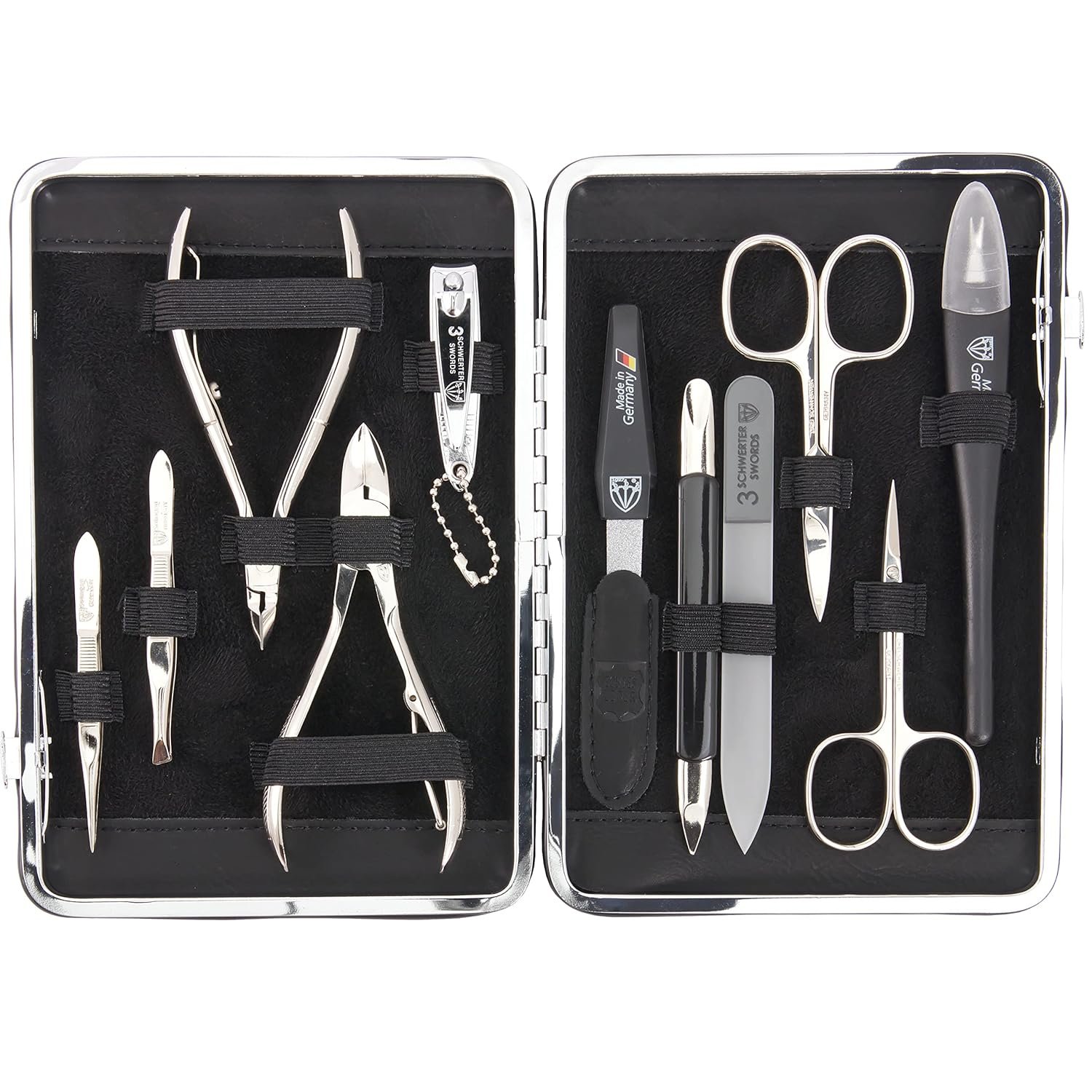 3 Swords Germany - brand quality 11 piece manicure pedicure grooming kit set for professional finger & toe nail care scissors clipper black genuine leather case in gift box, Made in Germany - Image 2