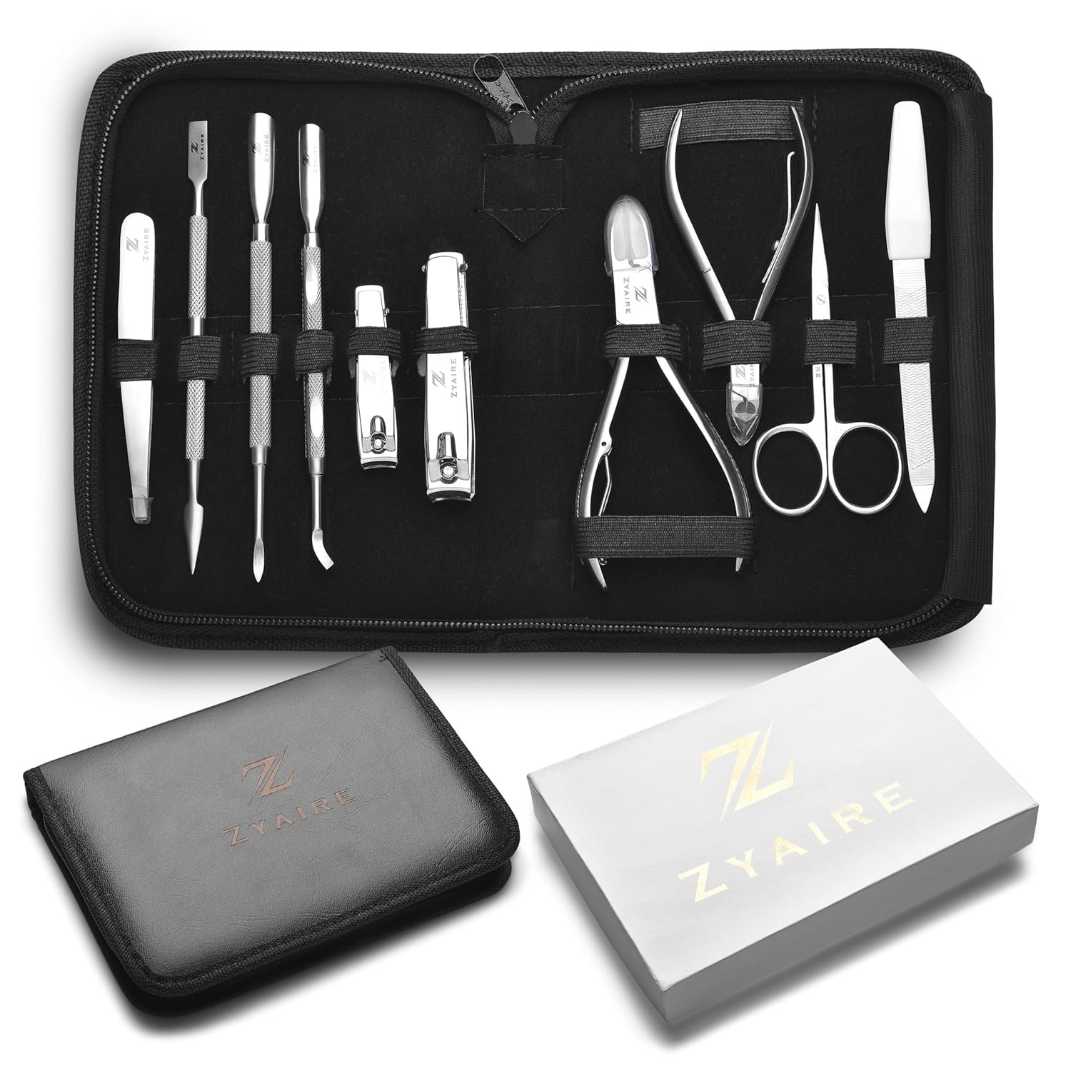 Manicure Pedicure Set - 10-in-1 Stainless Steel Grooming Kit, Personal Care Tools, Nail Nipper, Cuticle Cutter, Scissors, Tweezers, Blackhead Remover, Nail File & Case (Black) - Image 2