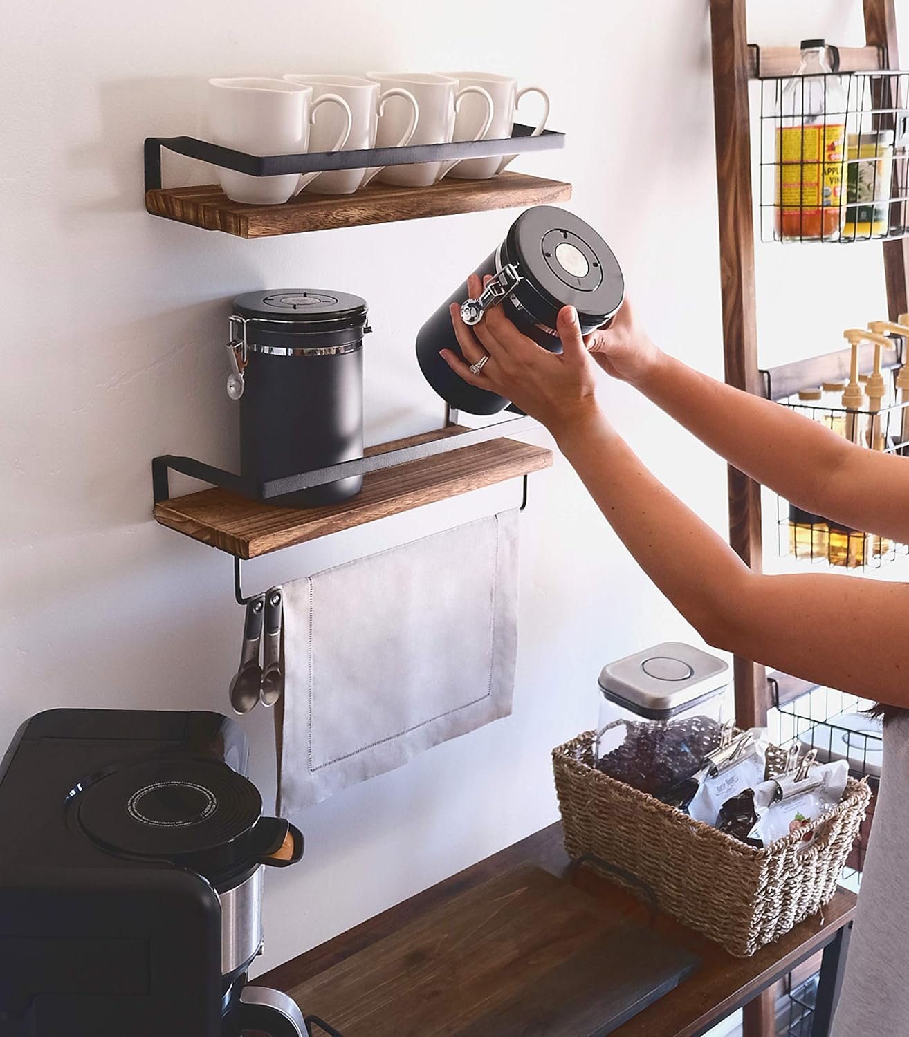 Peter's Goods Rustic Floating Wall Shelves with Rails - Decorative Storage for Kitchen, Bathroom, and Bedroom - Elegant, Modern Shelving - Torched Paulownia Wood, Matte Black Metal Frame - Set of 2 - Image 10