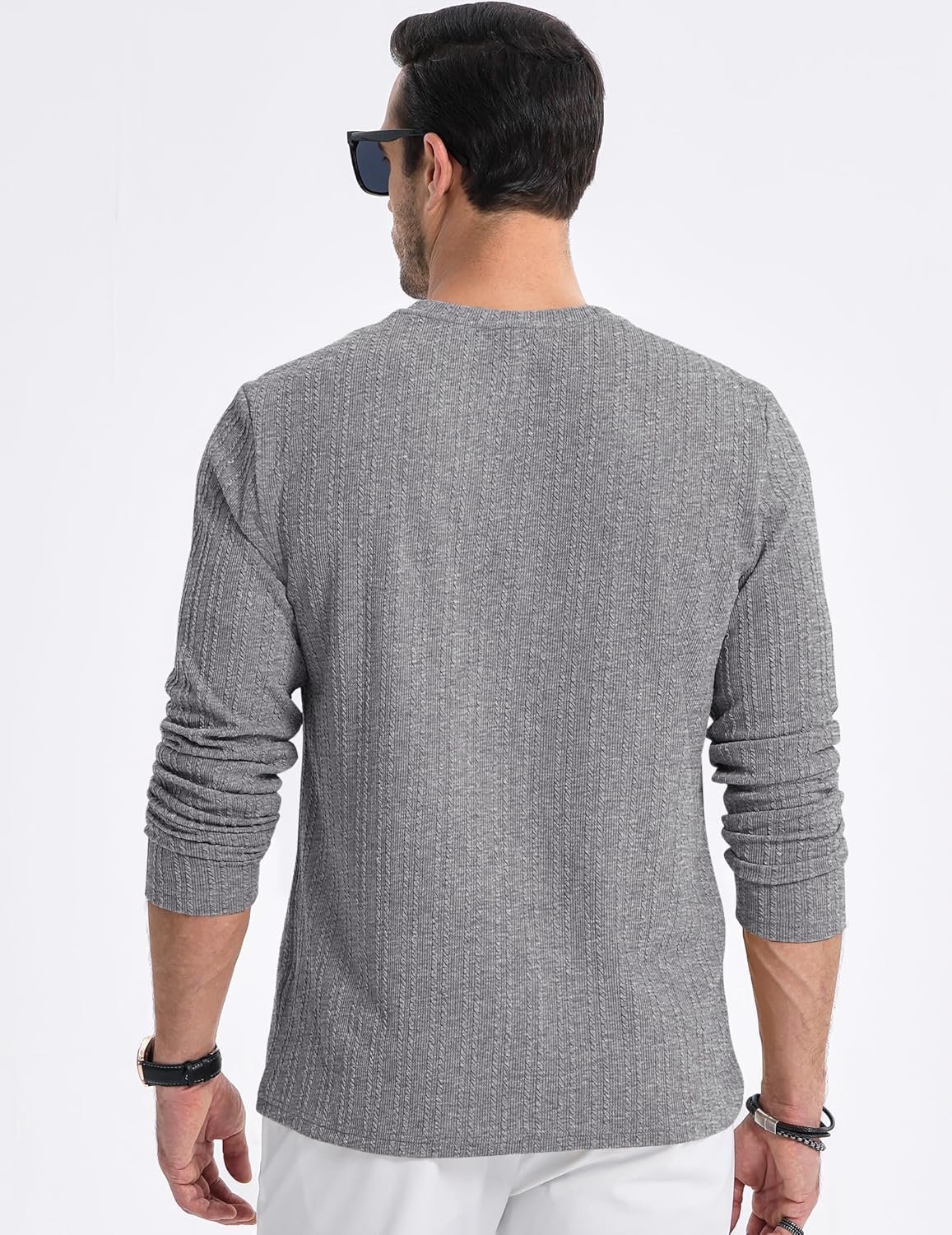 JMIERR Men's Long Sleeve Shirts Casual Crewneck Pullover T-Shirt Stretch Textured Knit Tee with Pocket - Image 4