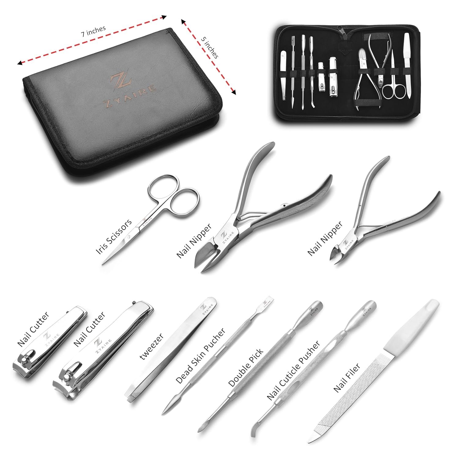 Manicure Pedicure Set - 10-in-1 Stainless Steel Grooming Kit, Personal Care Tools, Nail Nipper, Cuticle Cutter, Scissors, Tweezers, Blackhead Remover, Nail File & Case (Black) - Image 4