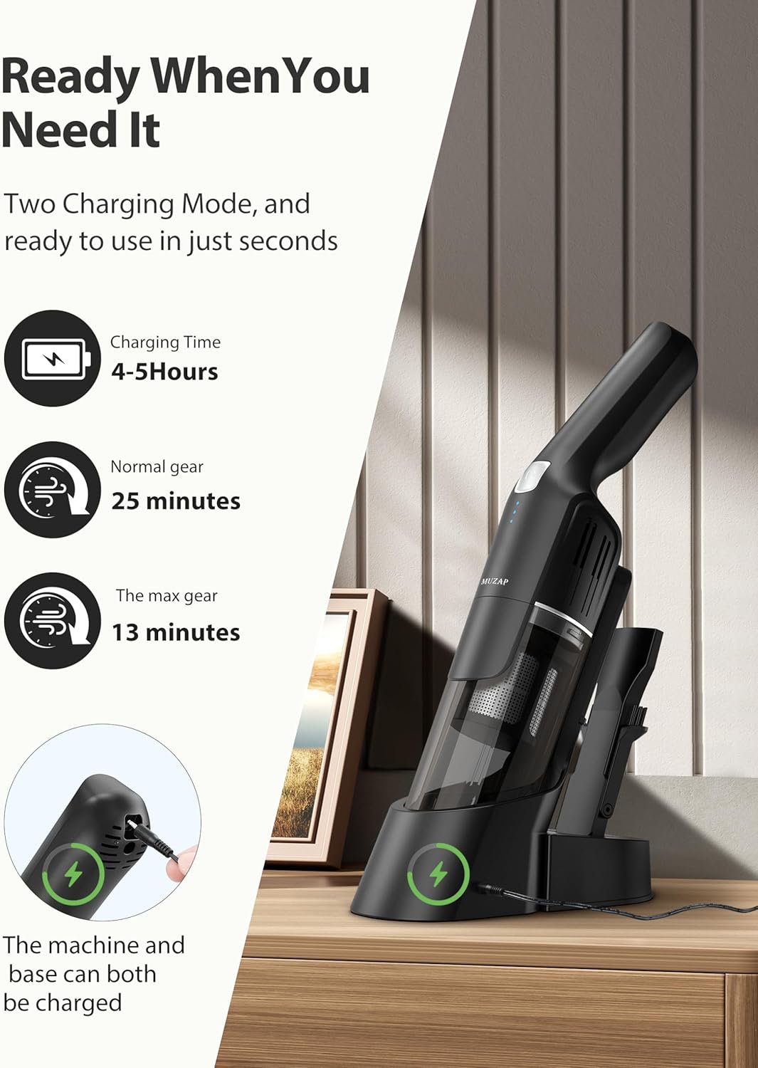 Handheld Vacuum Cordless,15KPA Powerful Car Vacuum,Last 30 Minutes,Rechargeable+Charging Base,500ML Detachable Dust Cup,1.4lb Lightweight,2-in-1 Cleaning Brush,Clean Kitchen,pet Hair,car,Black - Image 3
