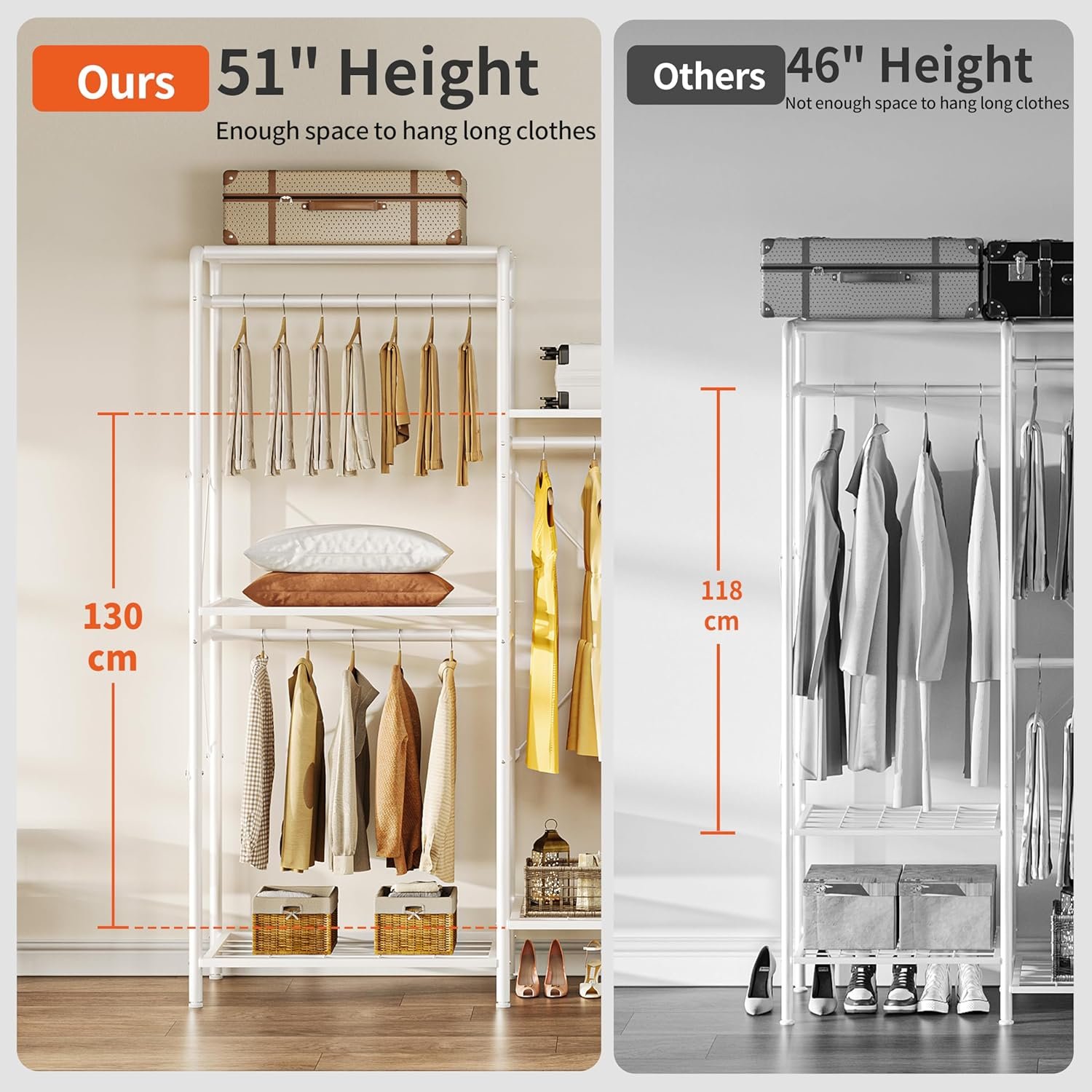 JOISCOPE Wardrobe Closet Organizer, Heavy Duty Clothes Rack, Closet System with 4 Rods & 5 Shelves, Adjustable Clothing Racks for Hanging Clothes & Clothing Storage, 75.2''×67.7'', White - Image 6