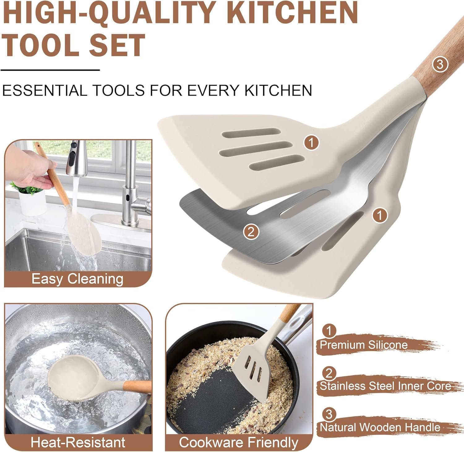 Herogo 8 Pcs Kitchen Cooking Utensils Set, Heat Resistant Non-Stick Silicone Cooking Kitchen Utensils Set with Wooden Handle, Food-Grade Silicone Spatula Spoon Turner Server Whisk Ladle (Khaki) - Image 6