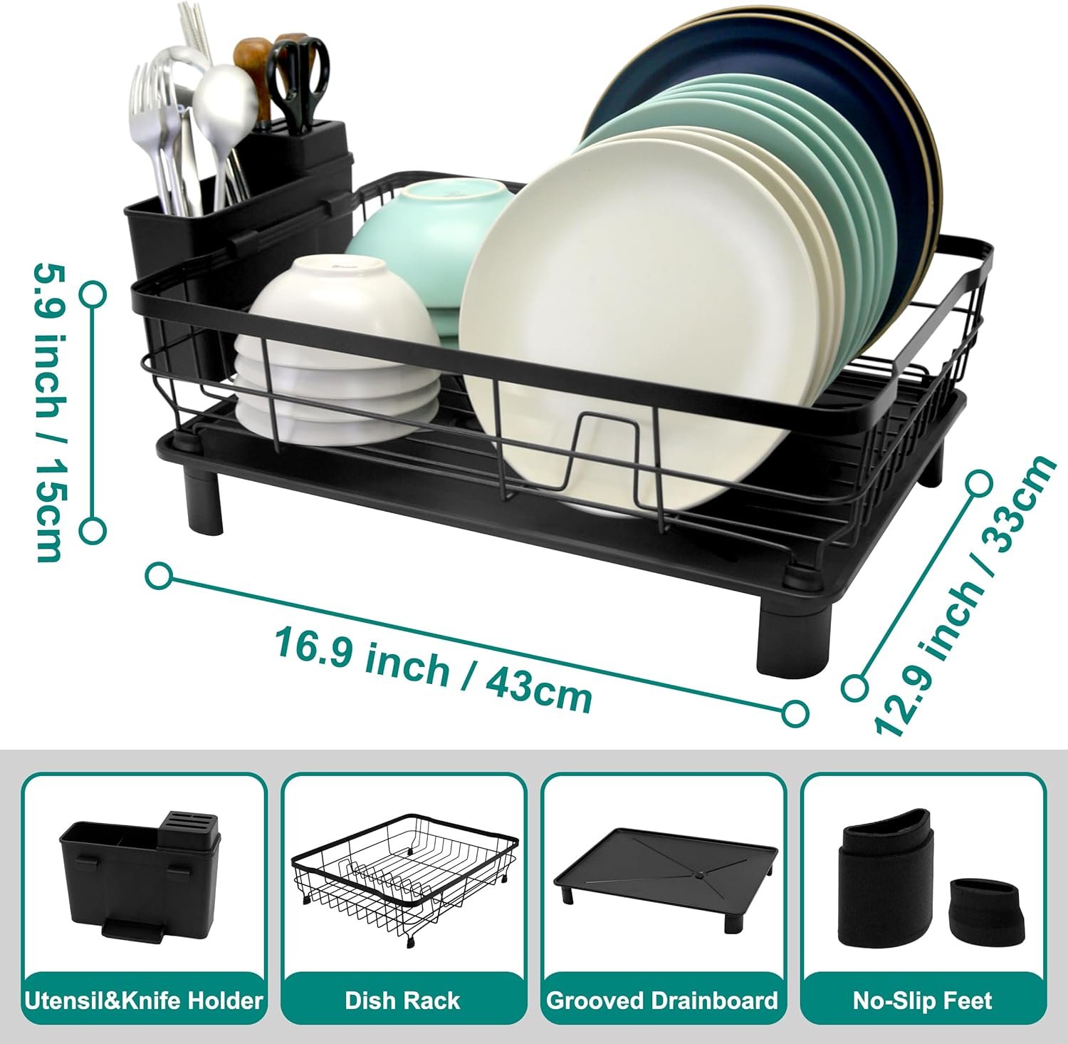 Dish Drying Rack for Kitchen Counter,Space-Saving Dish Rack with Drainboard,Rustproof Countertop Dish Drainer with Utensil Holder for Sink,Black - Image 3