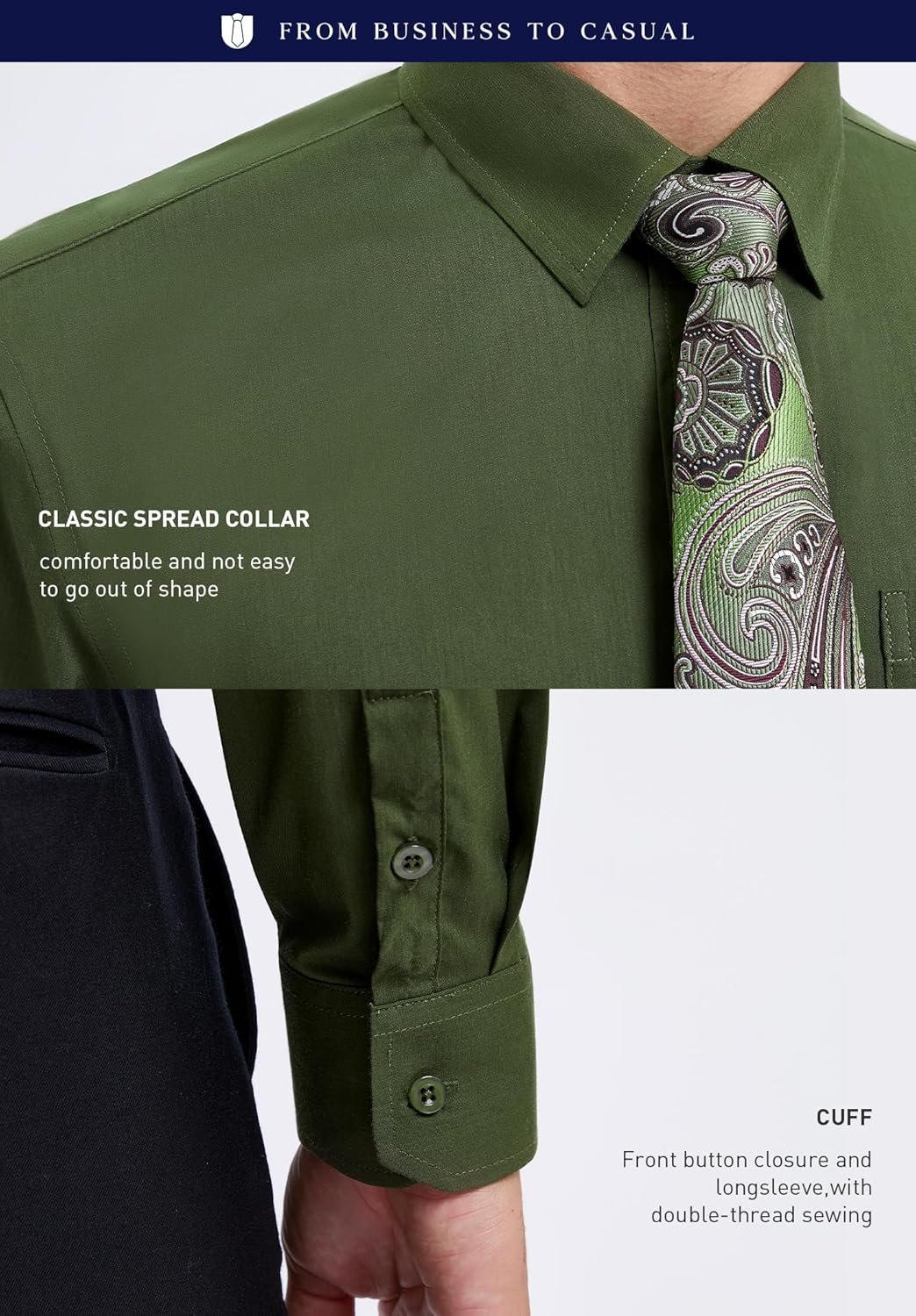 HISDERN Mens Dress Shirt with Tie Pocket Square Set Classic Button Down Shirt Matching Tie Long Sleeve Shirts - Image 4