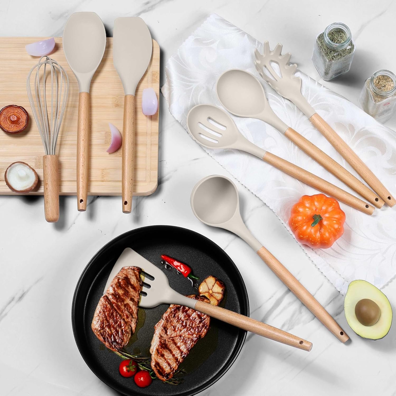 Herogo 8 Pcs Kitchen Cooking Utensils Set, Heat Resistant Non-Stick Silicone Cooking Kitchen Utensils Set with Wooden Handle, Food-Grade Silicone Spatula Spoon Turner Server Whisk Ladle (Khaki) - Image 7