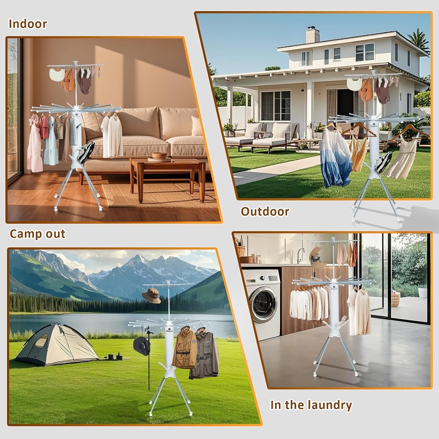 Clothes Drying Rack 2025 Upgrade 4-Legged 3-Tier Foldable Laundry Rack with 4 Pulleys 20 Clips,6 Shoe Dryers 16Drying Rods for Indoor/Outdoor, Camping, Poolside Space Saving, Whit - Image 7