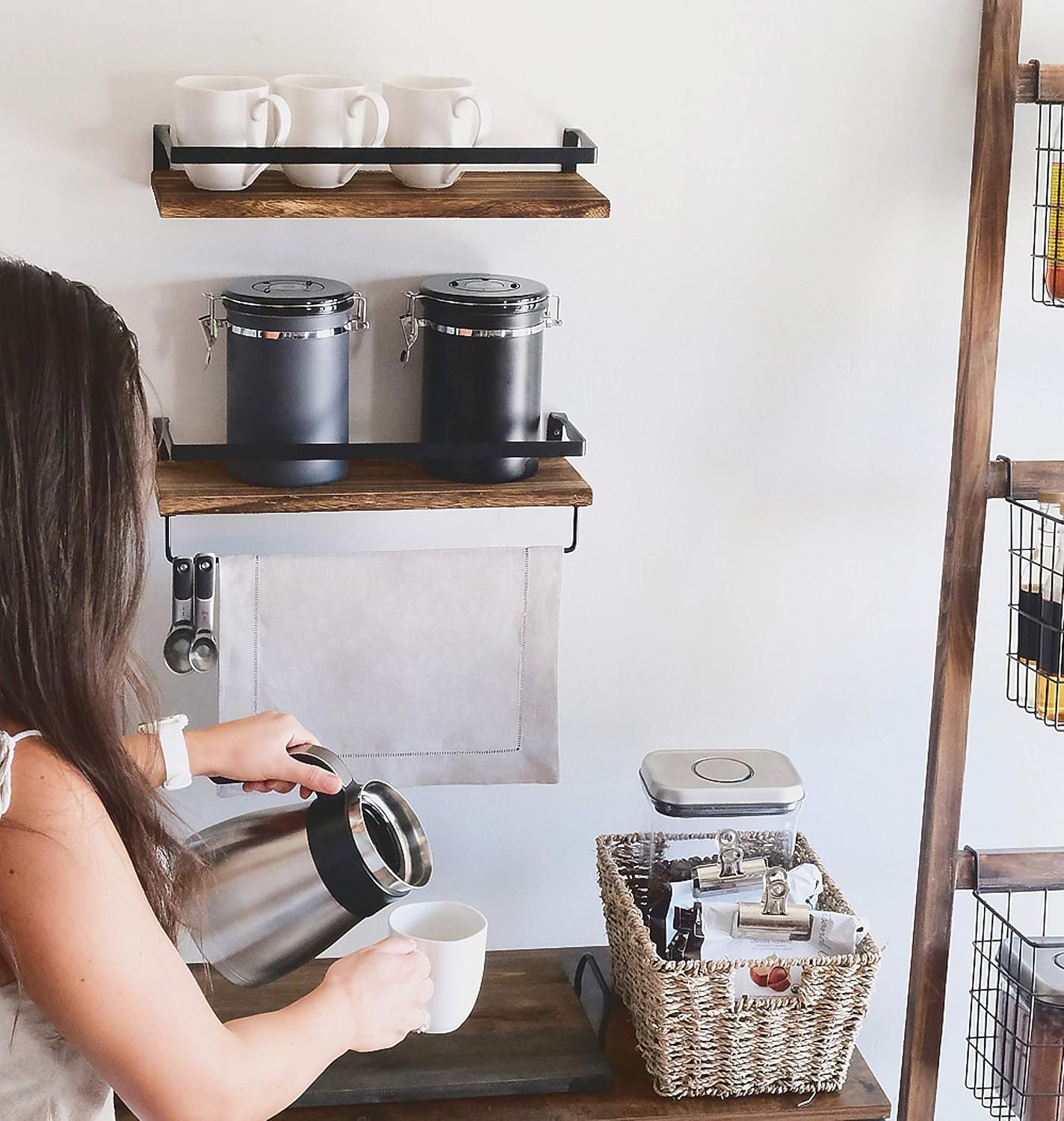 Peter's Goods Rustic Floating Wall Shelves with Rails - Decorative Storage for Kitchen, Bathroom, and Bedroom - Elegant, Modern Shelving - Torched Paulownia Wood, Matte Black Metal Frame - Set of 2 - Image 9